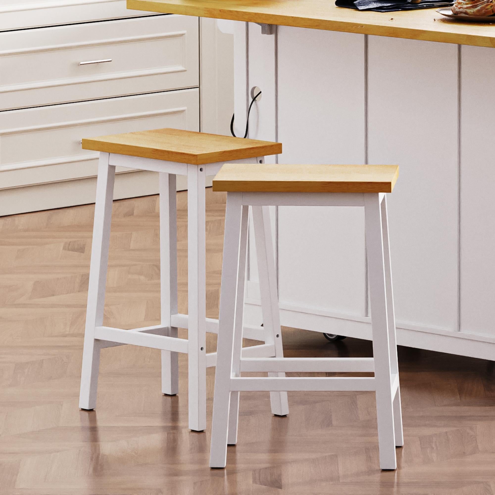 Set of 2 Farmhouse Style Solid Wood Bar Stools with Anti-Scratch Pads, Kitchen Counter Stools with Footrests, 16" L x 11" W x 25.5" H, White