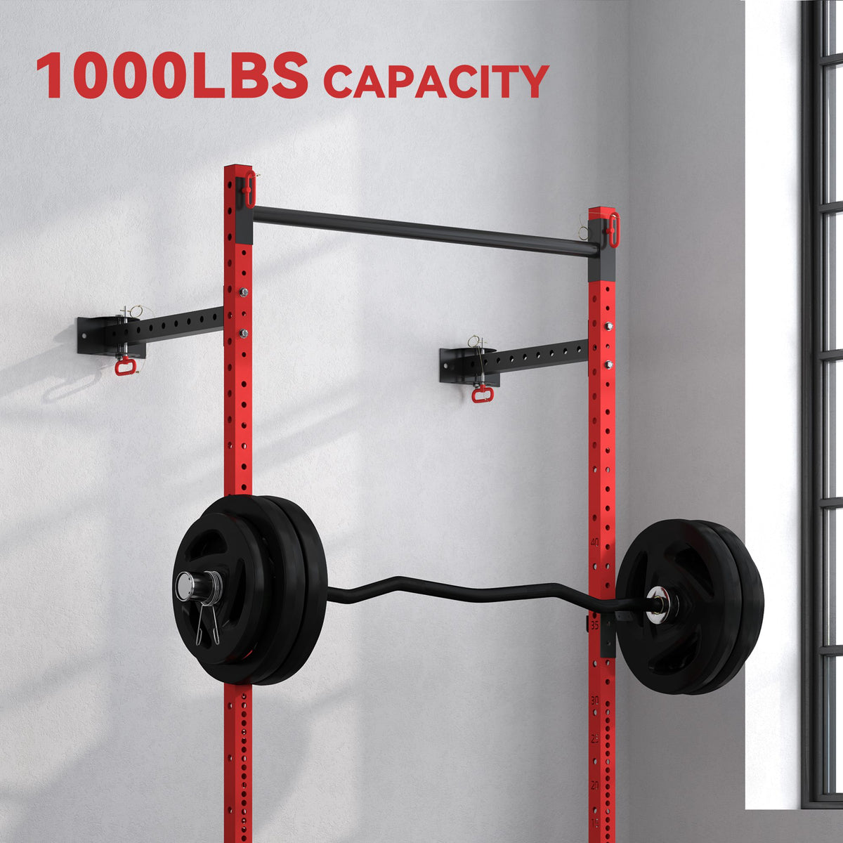 Folding Squat Rack with Pull Up Bar, Wall Mounted and Adjustable, 1000 Pounds Capacity Power Rack, Red