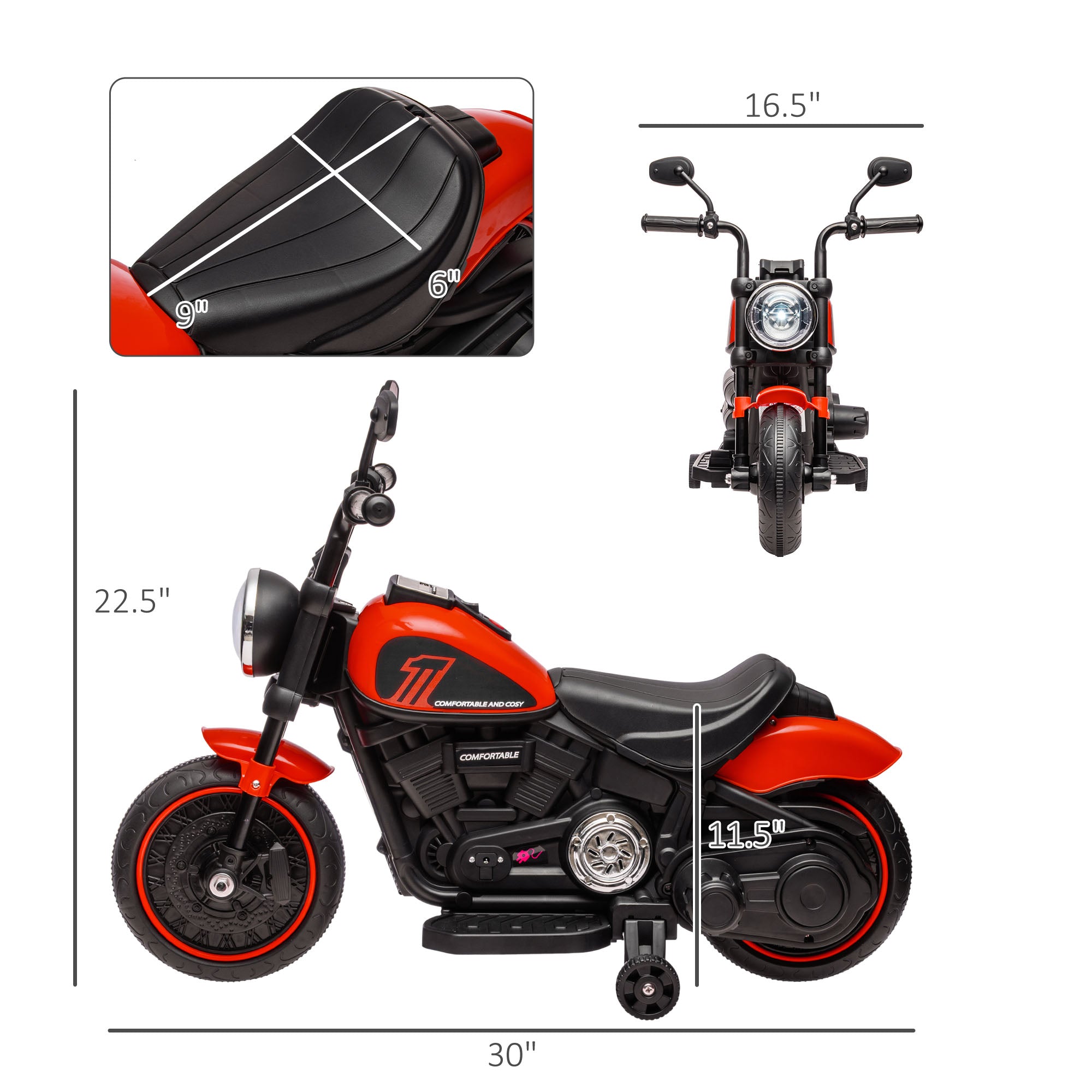 6V Kids Motorcycle w/ Training Wheels, Single-Button Start, Red