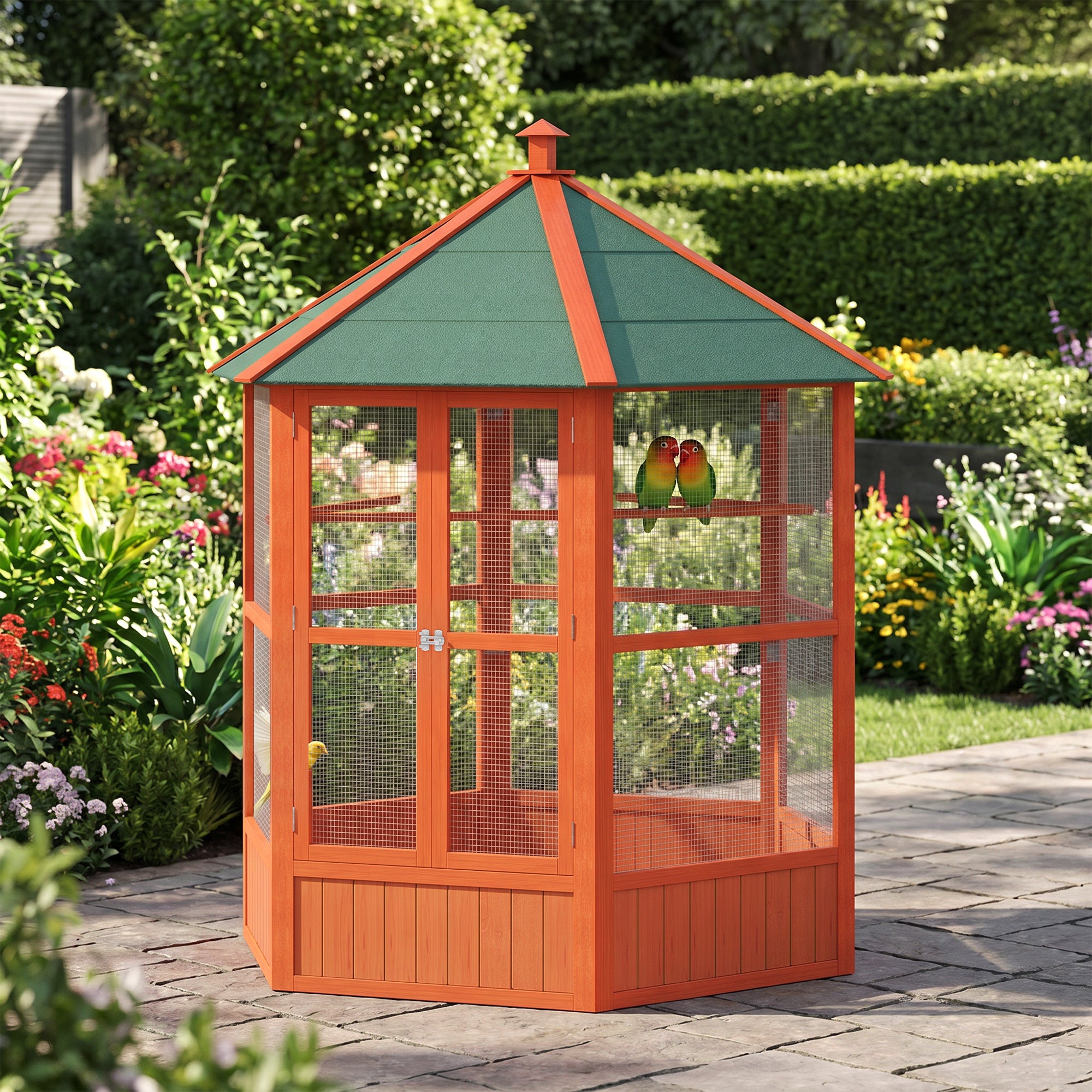 69" Wooden Hexagonal Outdoor Aviary Flight Bird Cage With Covered Roof, Brown