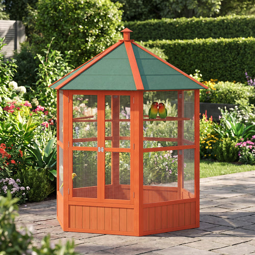 69" Wooden Hexagonal Outdoor Aviary Flight Bird Cage With Covered Roof, Brown