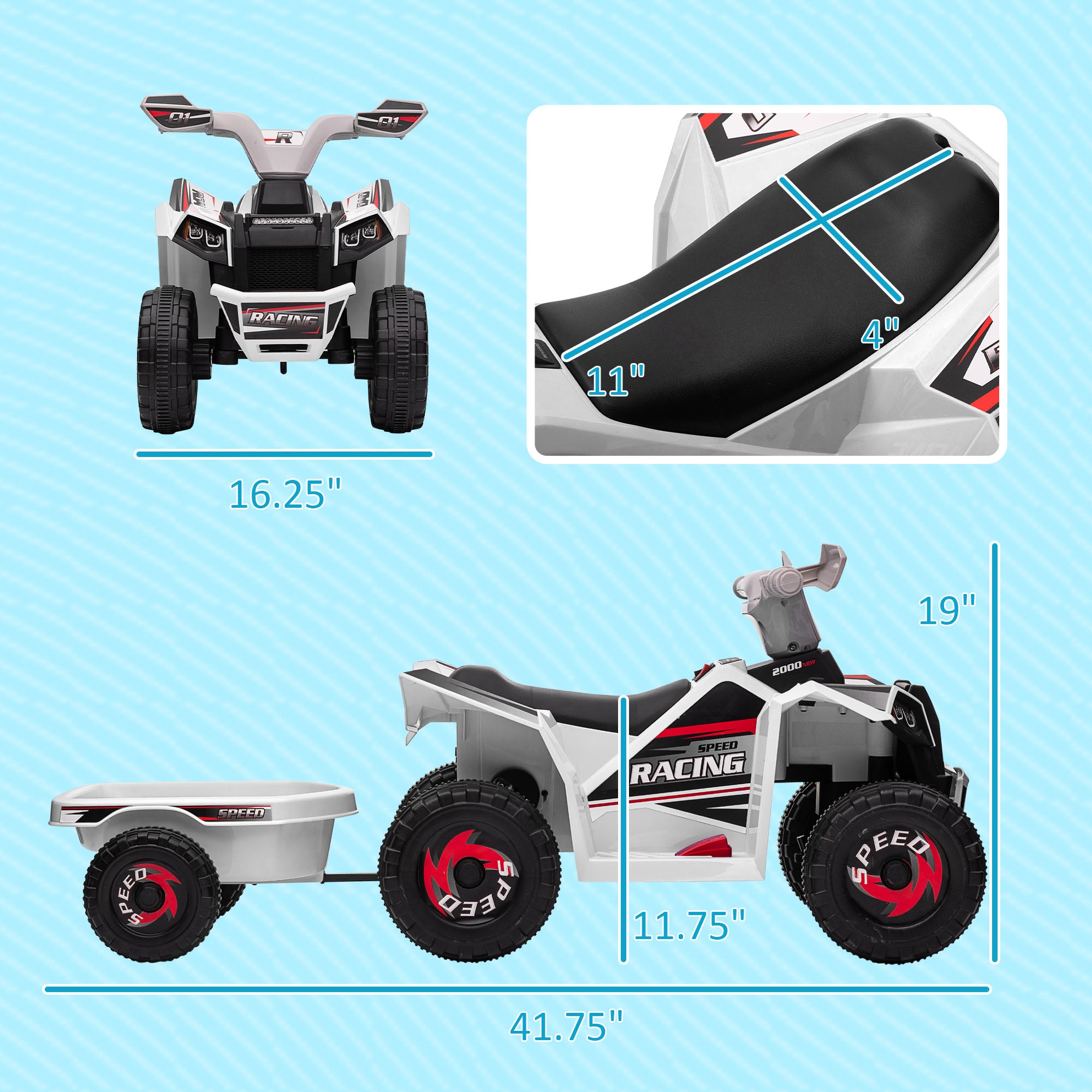6V Electric Toy Car with Back Trailer, Forward Backward, Wear-Resistant Wheels for Ages 18-36 Months, White
