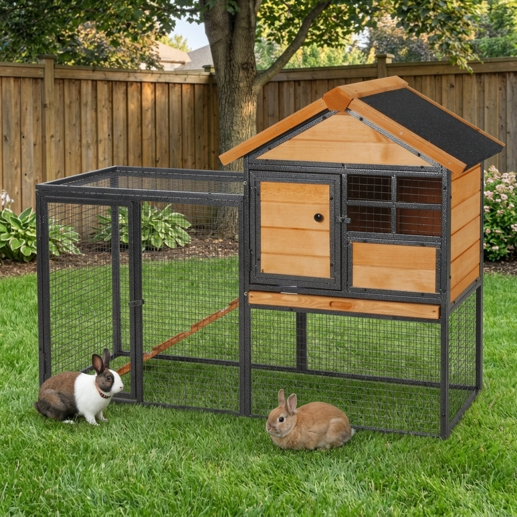 Outdoor Rabbit Cage Elevated Pet House w/ Slide-Out Tray, Natural Wood & Black