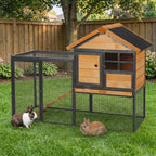 Outdoor Rabbit Cage Elevated Pet House w/ Slide-Out Tray, Natural Wood & Black