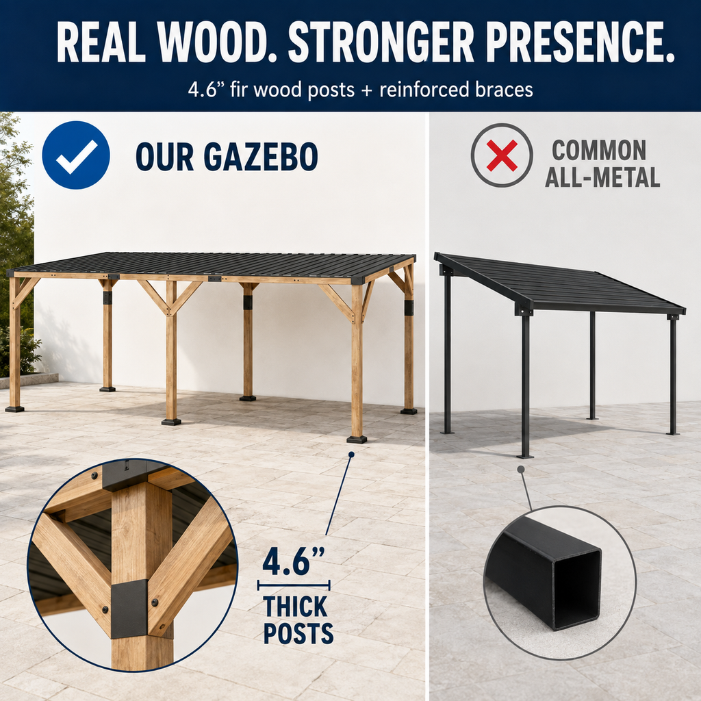 10' x 20' Wooden Gazebo, Hardtop Lean-to Gazebo Pergola with Galvanized Steel Sloped Roof, Light Walnut