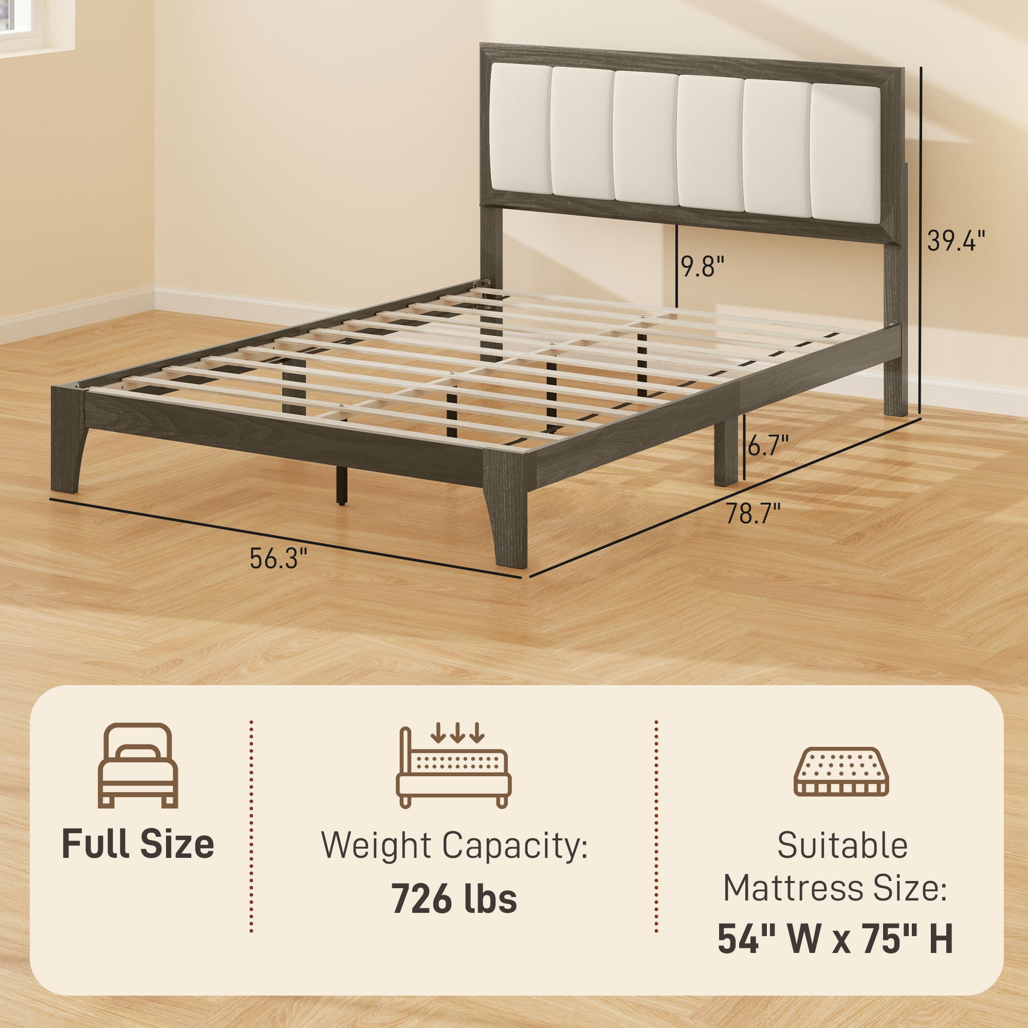 Full Bed Frame with Headboard Full Size Platform Bed Frame with Wooden Slats No Box Spring Needed Charcoal Gray