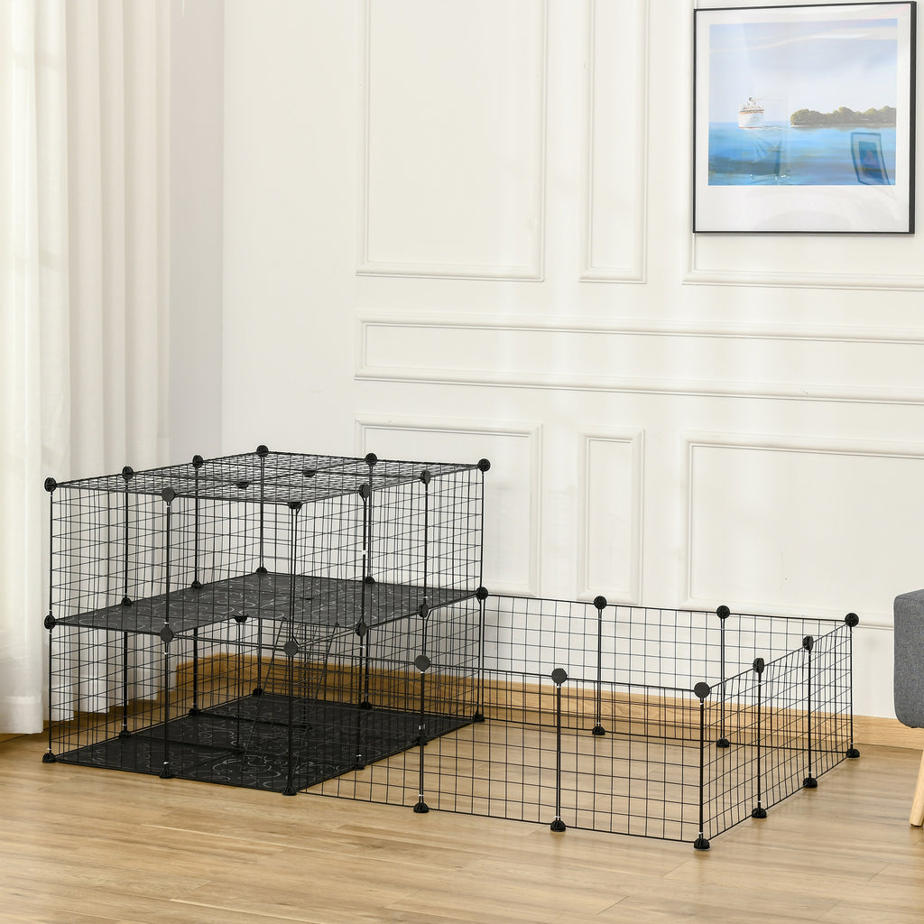 Pet Playpen with Door, Metal Mesh Cage with Mallet, Black