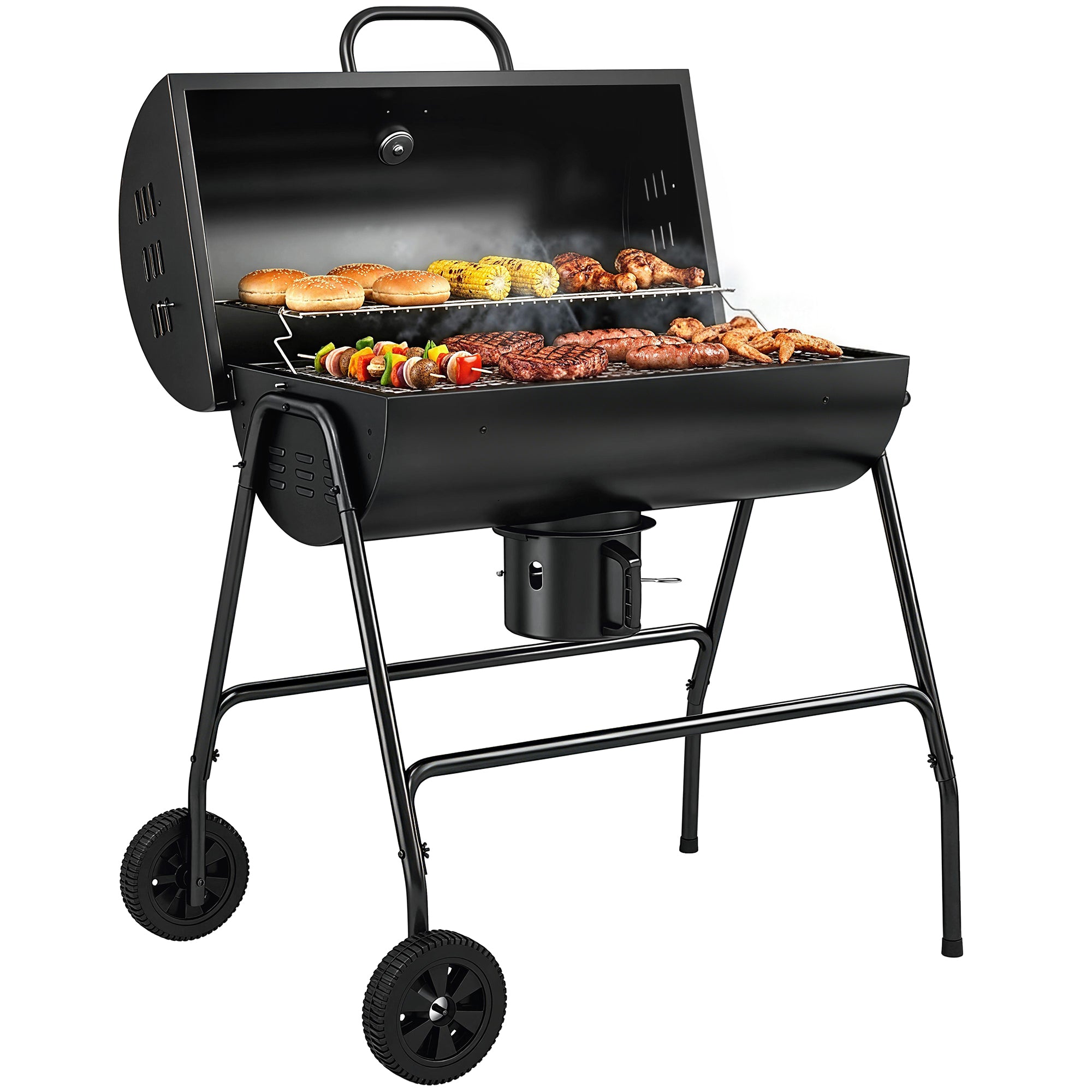 Barrel Charcoal BBQ Grill, Barbecue with 420 sq.in. Cooking Area, Wheels, Ash Catcher, Black