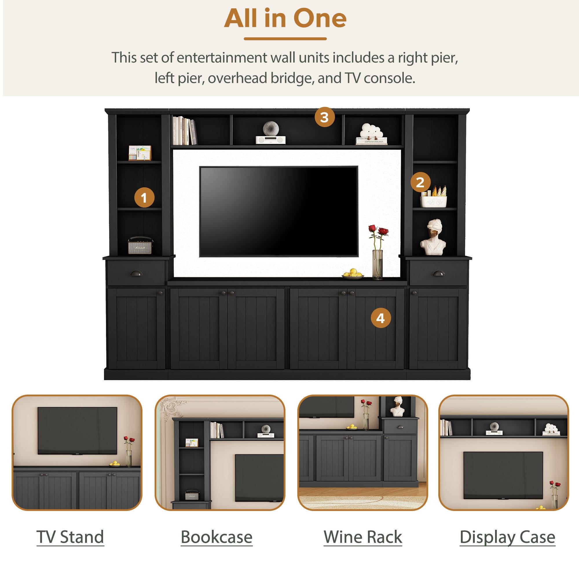 Minimalist Storage TV Stand for TVs Up to 75" with Adjustable Shelves, Entertainment Wall Unit Set for Living Room, 103" L x 15" W x 77" H, Black