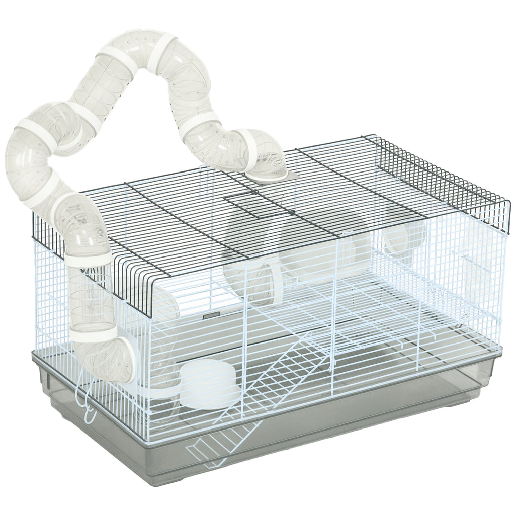Small Animal Cage for Gerbil or Dwarf Hamster w/ Tubes, Exercise Wheel, Food Dish, Water Bottle, 23" x 13" x 12", Gray