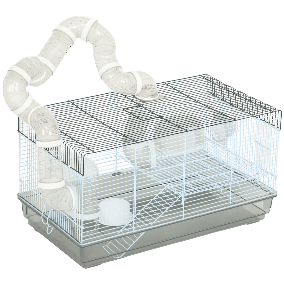 Small Animal Cage for Gerbil or Dwarf Hamster w/ Tubes, Exercise Wheel, Food Dish, Water Bottle, 23" x 13" x 12", Gray