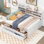 Classic Style Full Size Wooden Captain Bed with Built-in Bookshelves, 3 Storage Drawers, and Trundle, 79" L x 104.5" W x 47" H, White