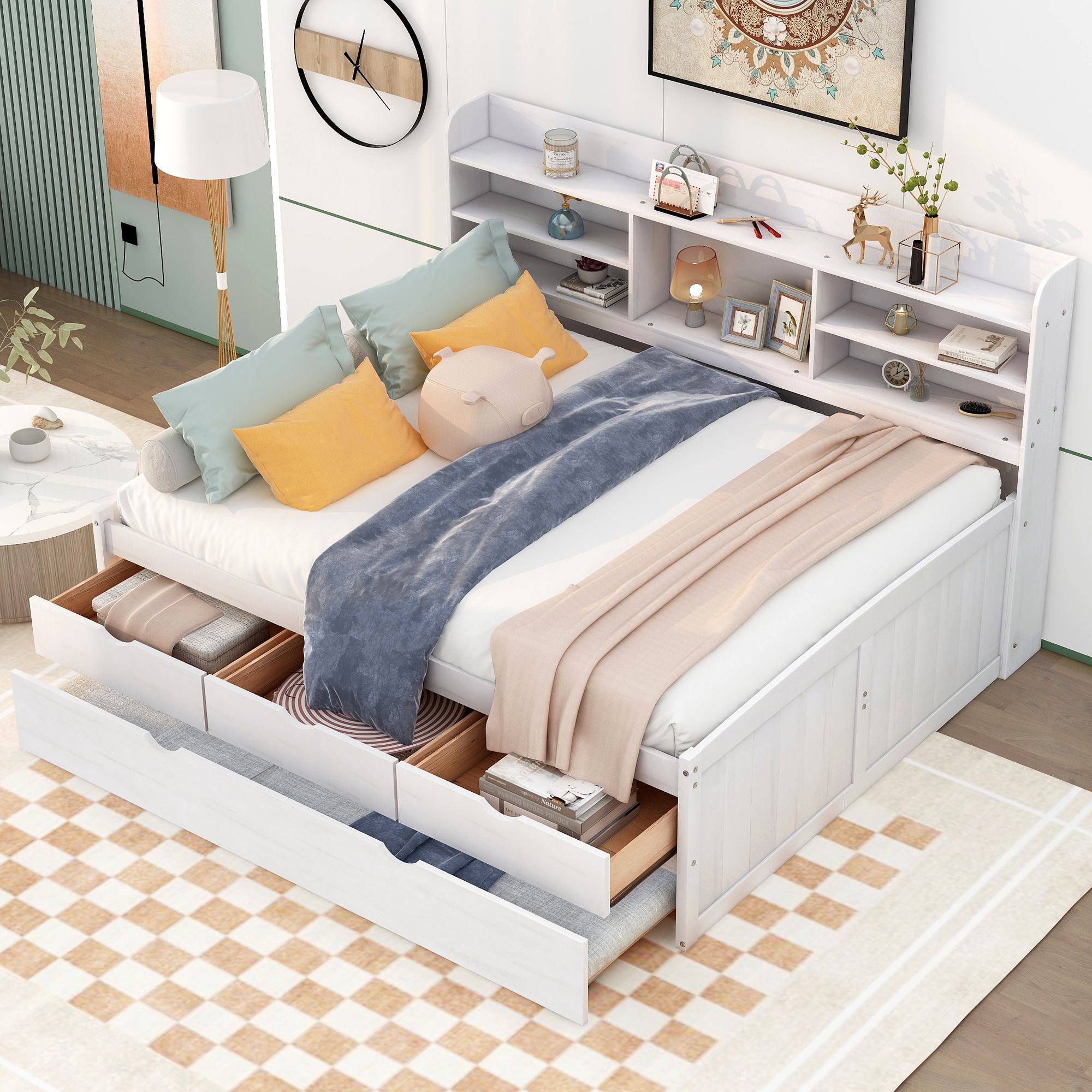 Classic Style Full Size Wooden Captain Bed with Built-in Bookshelves, 3 Storage Drawers, and Trundle, 79" L x 104.5" W x 47" H, White
