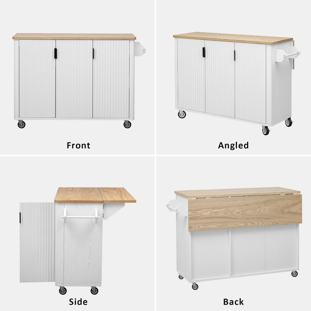 Fluted Kitchen Island with Drop Leaf, Internal Storage Rack, Rolling Kitchen Cart with Towel Rack, Adjustable Shelves, Smooth Curved Edge, White