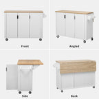 Fluted Kitchen Island with Drop Leaf, Internal Storage Rack, Rolling Kitchen Cart with Towel Rack, Adjustable Shelves, Smooth Curved Edge, White