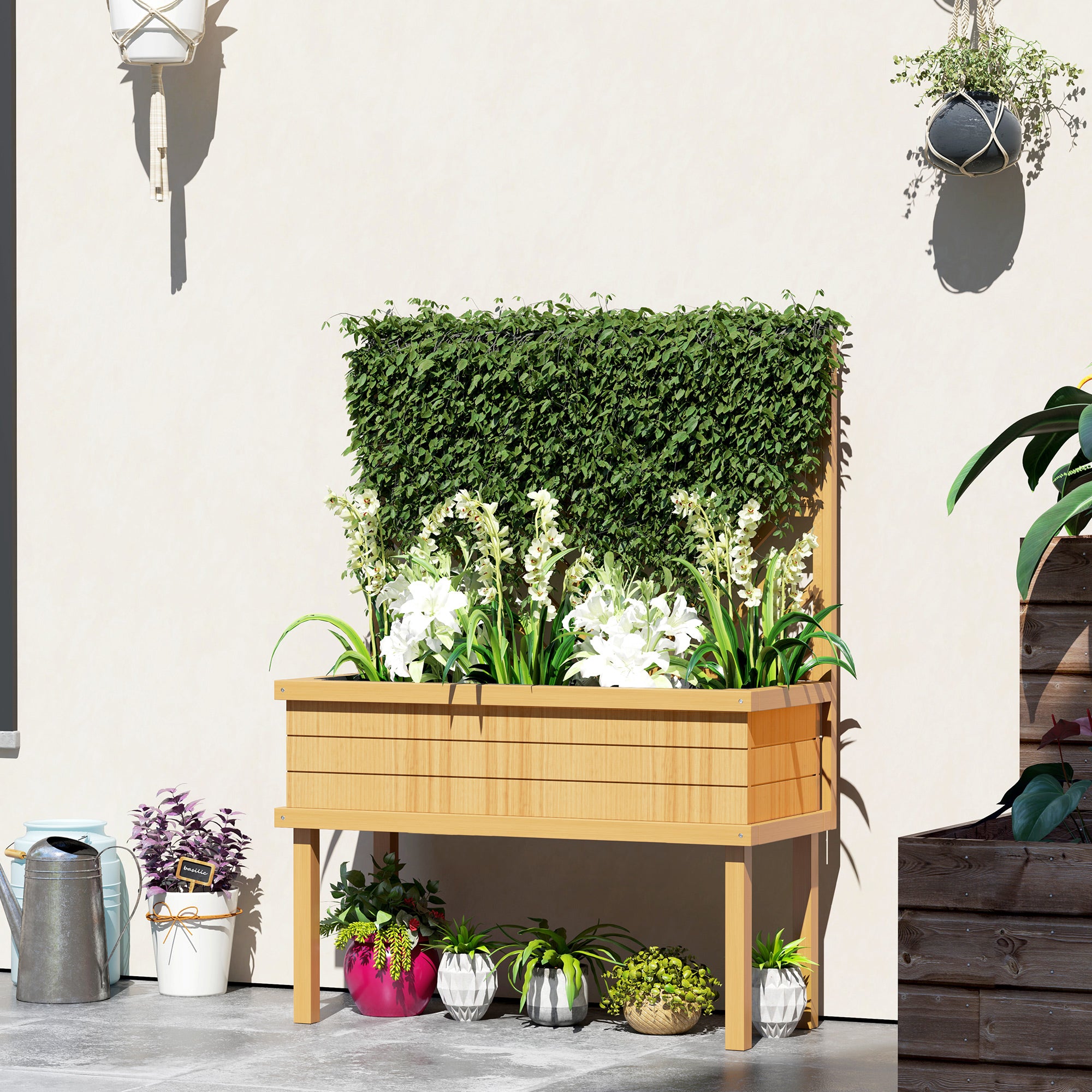 Elevated Wood Planter with Trellis for Climbing Plants, Raised Garden Bed with Legs and Drainage Holes, Natural Wood