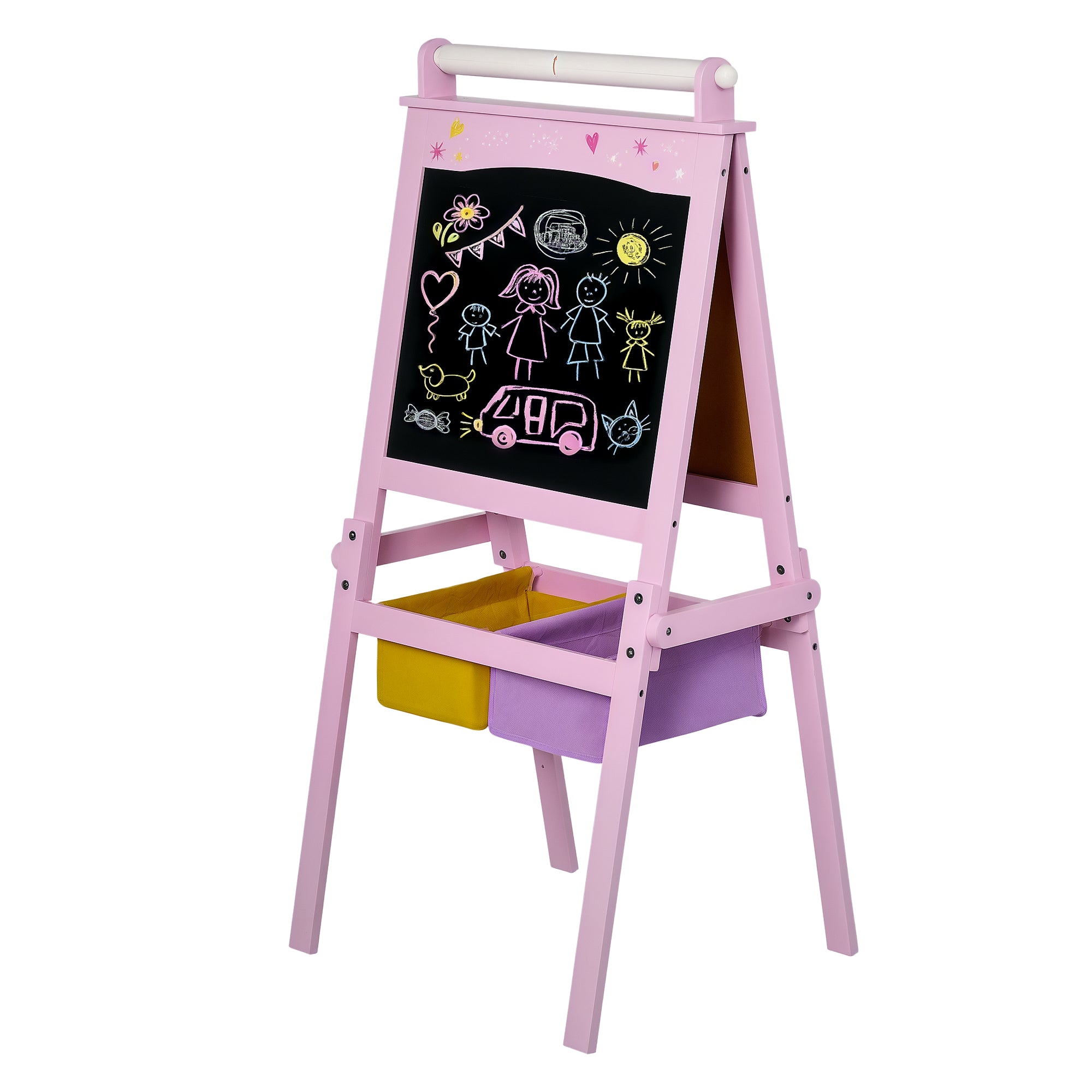 3 In 1 Kids Wooden Art Easel with Paper Roll, Double-Sided, Chalkboard & Whiteboard, Storage Baskets, Pink