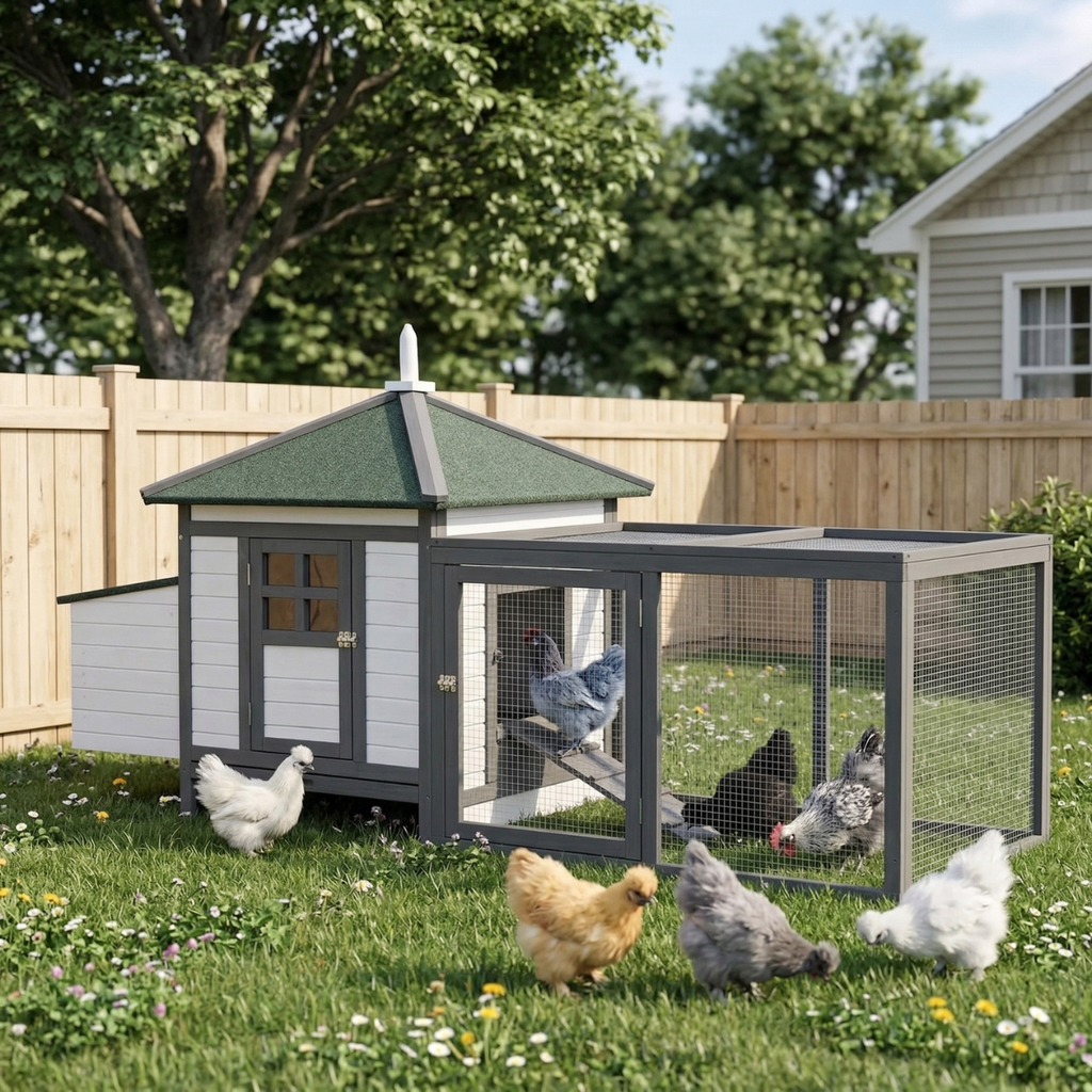 77" Wooden Chicken Coop with Nesting Box, Cute Outdoor Hen House with Removable Tray, Ramp Run, for Garden Backyard, Gray