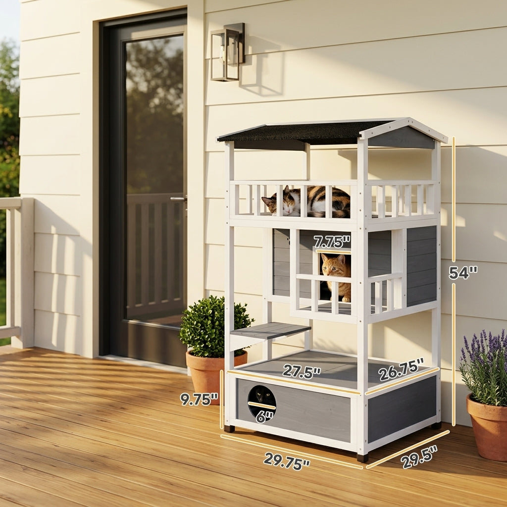 Wooden Outdoor Cat House, Feral Cat Shelter Kitten Condo with Asphalt Roof, Escape Doors, Condo, Jumping Platform, Gray