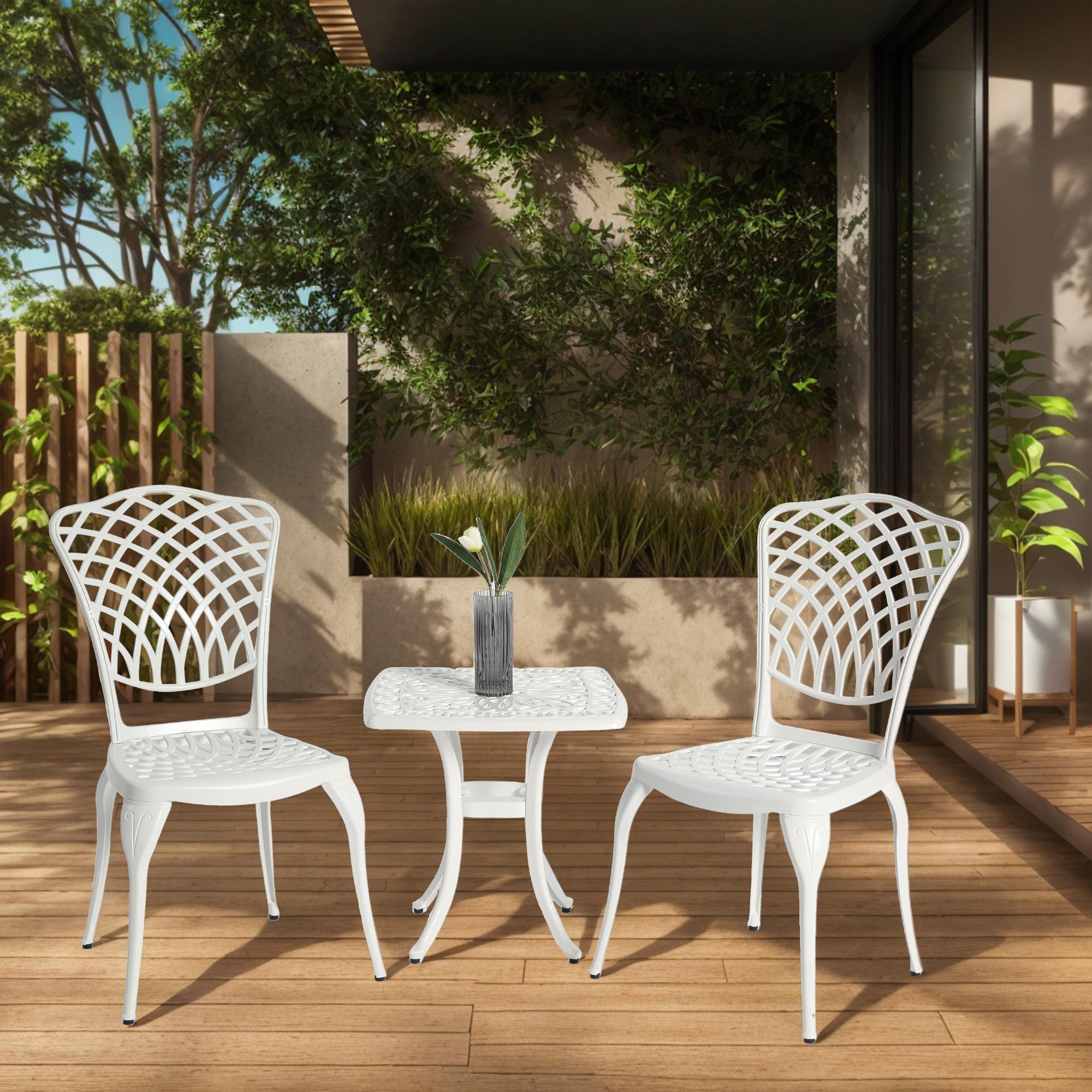 3-Piece Bistro Set with 2 Chairs and 1 Round Table, Adjustable Foot Caps, Classical Design, Rustproof Cast Aluminum Patio Furniture, White