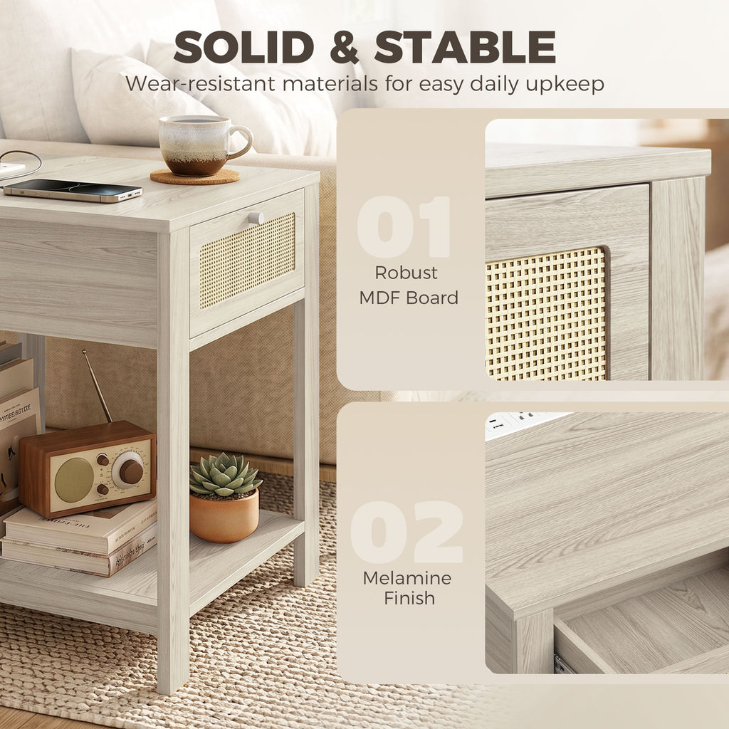 Boho Side Tables Set of 2 with Charging Station, End Tables with Drawer and Open Shelf for Living Room, Natural Wood