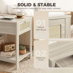 Boho Side Tables Set of 2 with Charging Station, End Tables with Drawer and Open Shelf for Living Room, Natural Wood