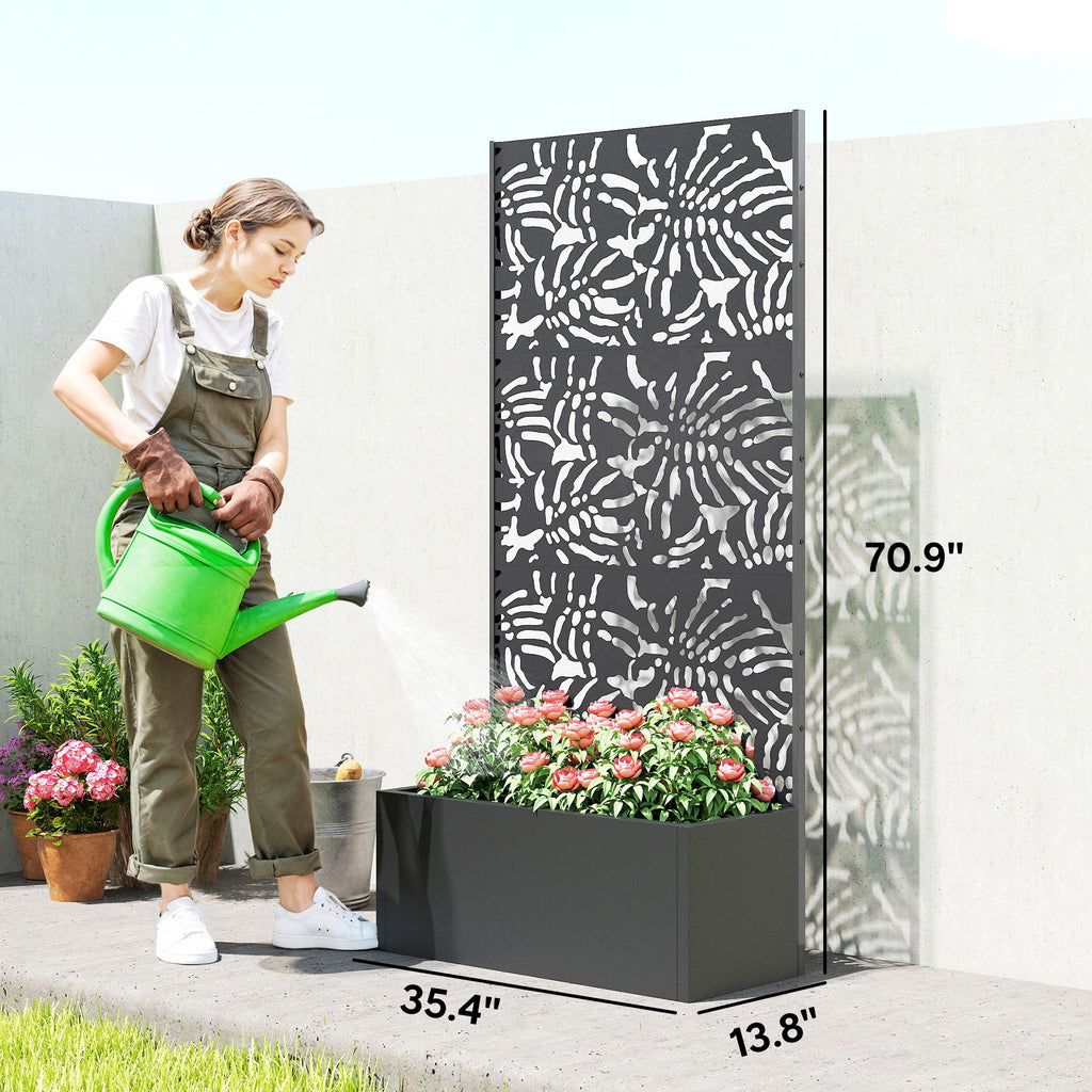 Metal Planter Box with Trellis, 71" Tall Raised Garden Bed with Privacy Screen and Drainage Holes, Banana-Leaf Cut-Outs