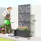 Metal Planter Box with Trellis, 71" Tall Raised Garden Bed with Privacy Screen and Drainage Holes, Banana-Leaf Cut-Outs