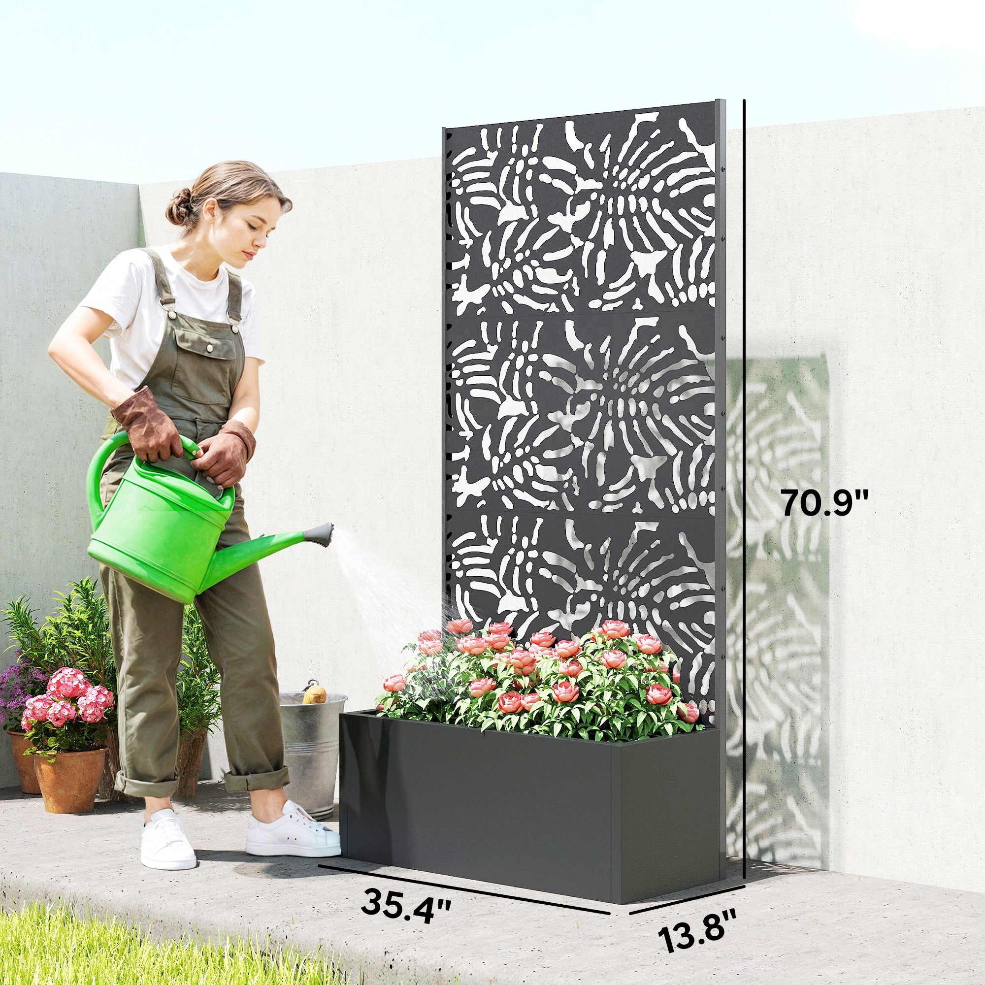 Metal Planter Box with Trellis, 71" Tall Raised Garden Bed with Privacy Screen and Drainage Holes, Banana-Leaf Cut-Outs
