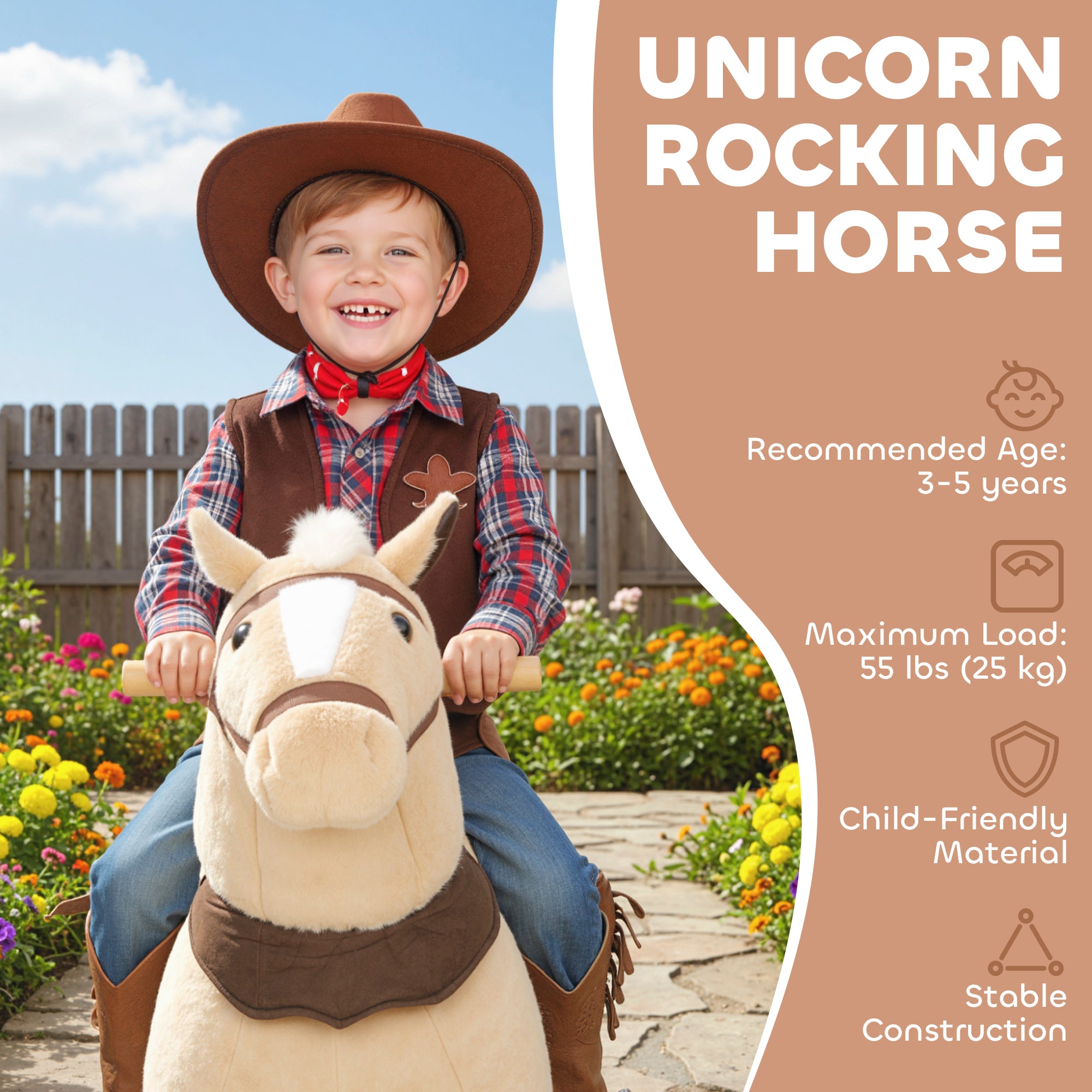 Ride on Horse, Plush Riding Pony for Ages 3-5, Walking Horse Animal with Wheels for Active Play, Brown