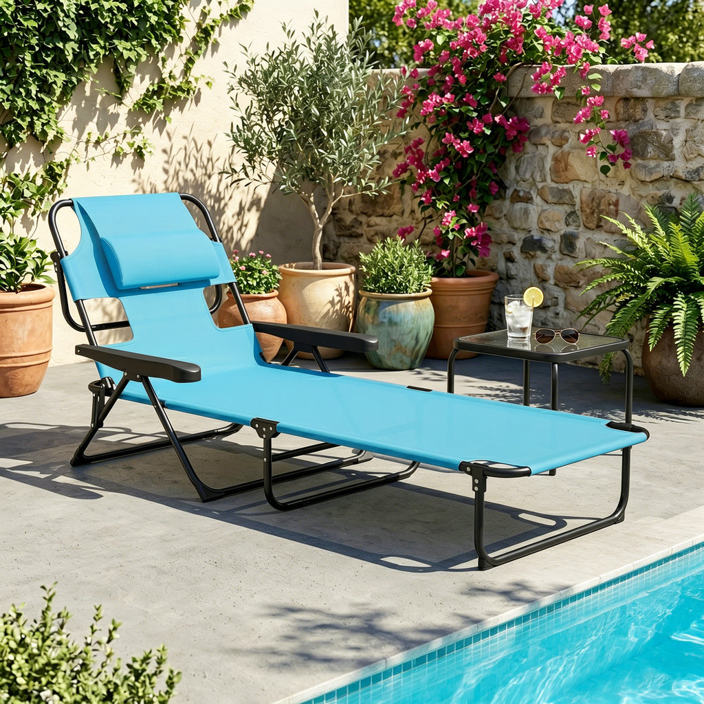 Folding Lounge Chair w/ Reclining Back, Light Blue