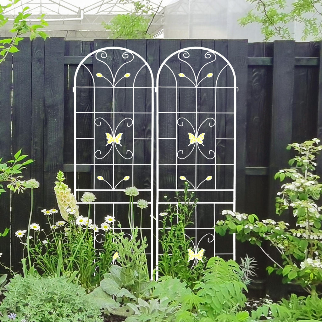 4 Pack Metal Garden Trellis with Butterfly Decoration and Galvanized Round Pipe, Rustproof Climbing Plant Support, Cream White
