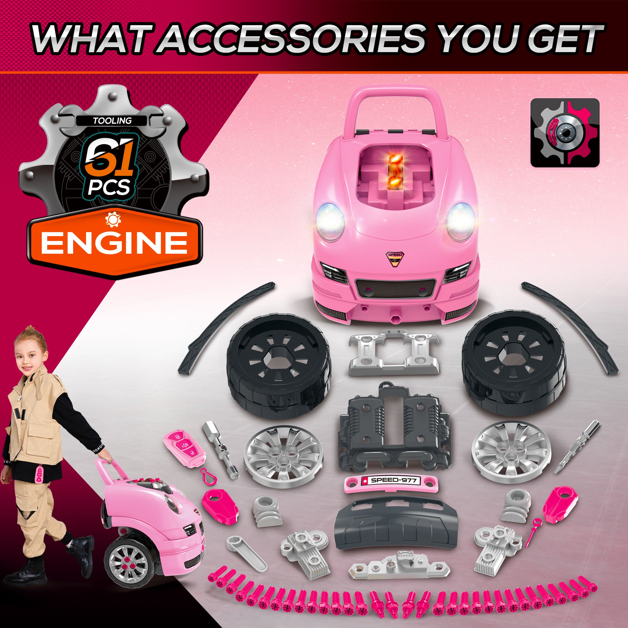 Mechanic Kids Truck Engine Toy Set, Car Service Play Set, Pink