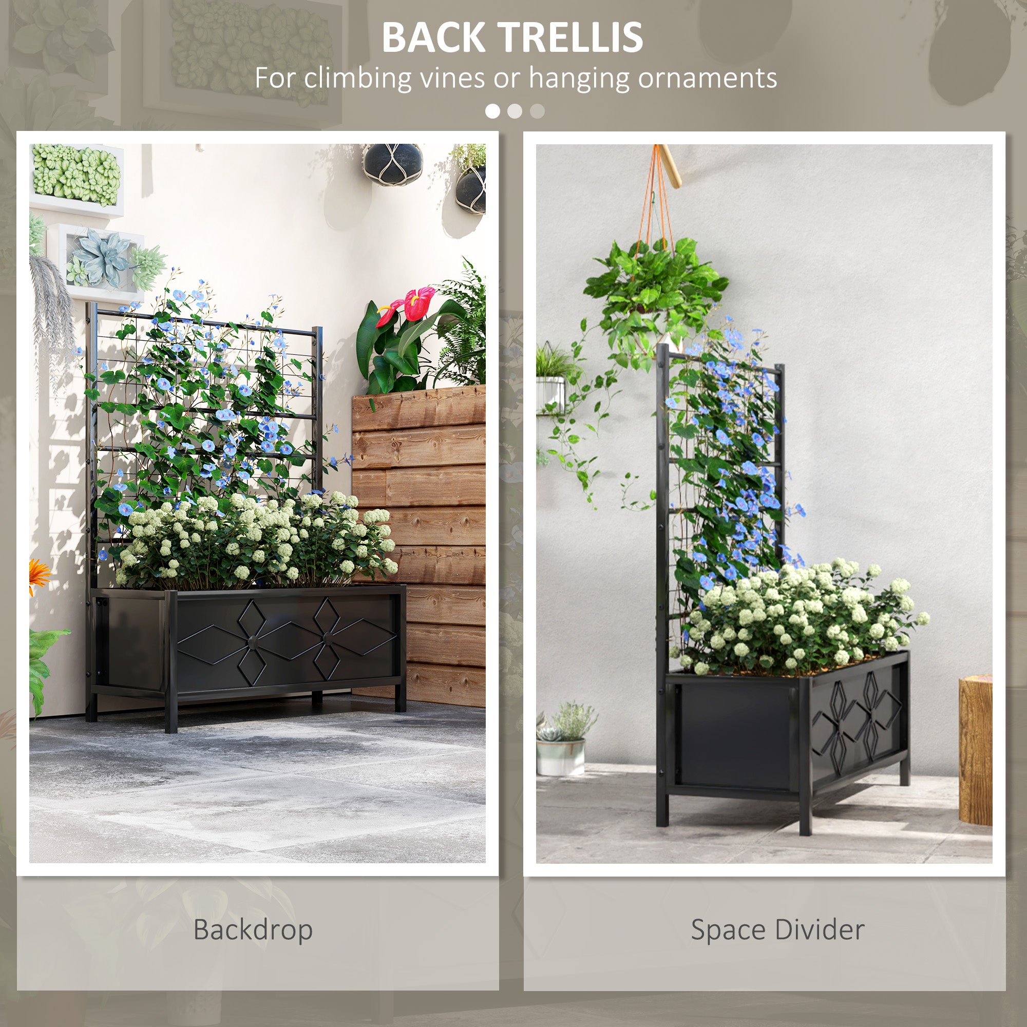 Outdoor Planter Box Galvanized Raised Garden Bed with Trellis for Climbing Vines, 35.4" x 15.7" x 47.2", Black