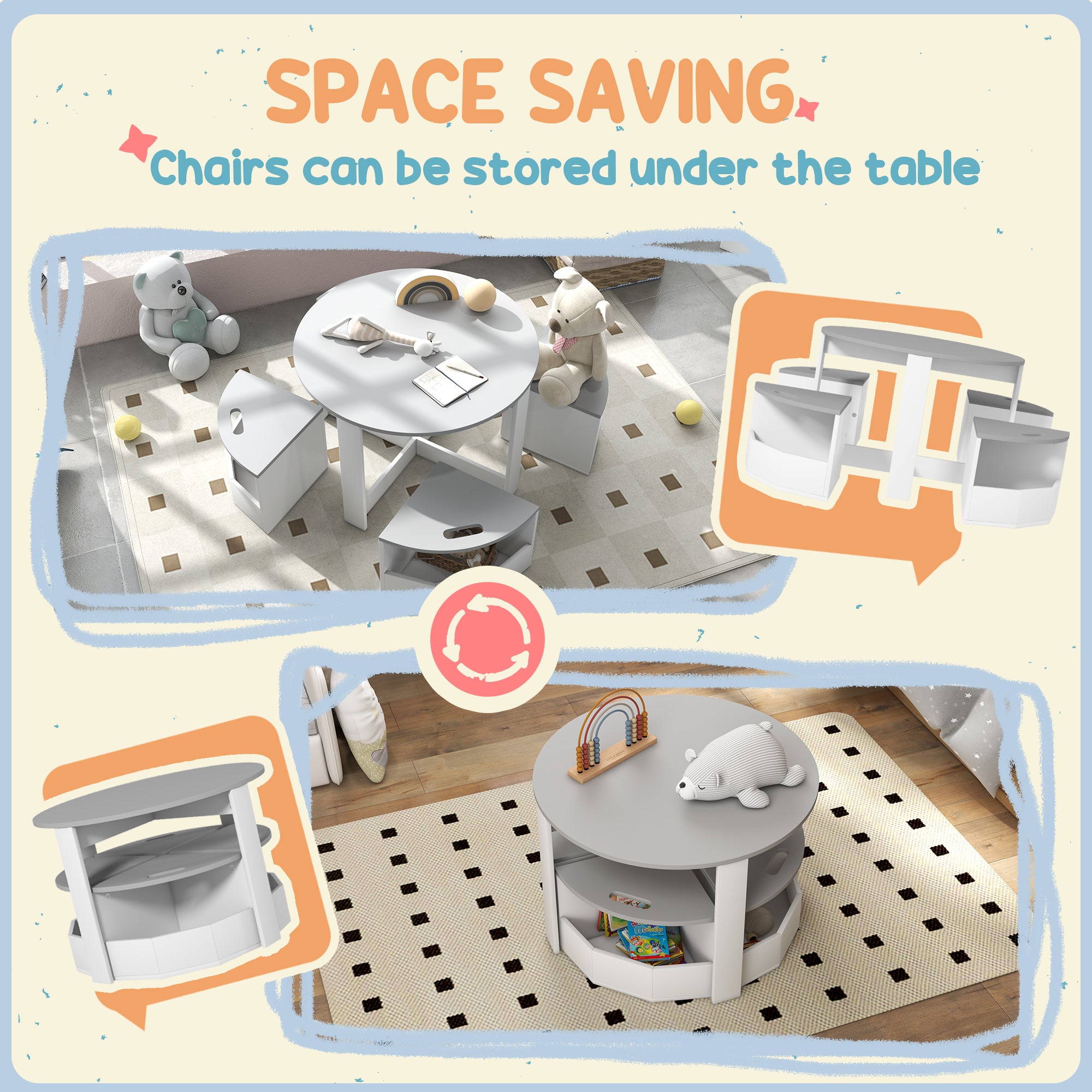5 Piece Kids Table and Chairs Set with Storage for Art, Craft, Drawing, Playroom, Classroom, Nursery, Gray