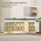 Shoe Storage Bench with Woven Rattan Doors, Shoe Bench with Cushion, Adjustable Shelves, Entryway Bench, White