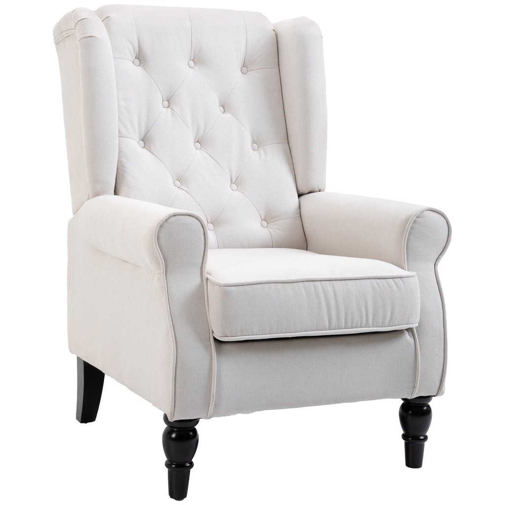 Button-Tufted Accent Chair with High Wingback, Rounded Cushioned Armrests and Thick Padded Seat, Cream White