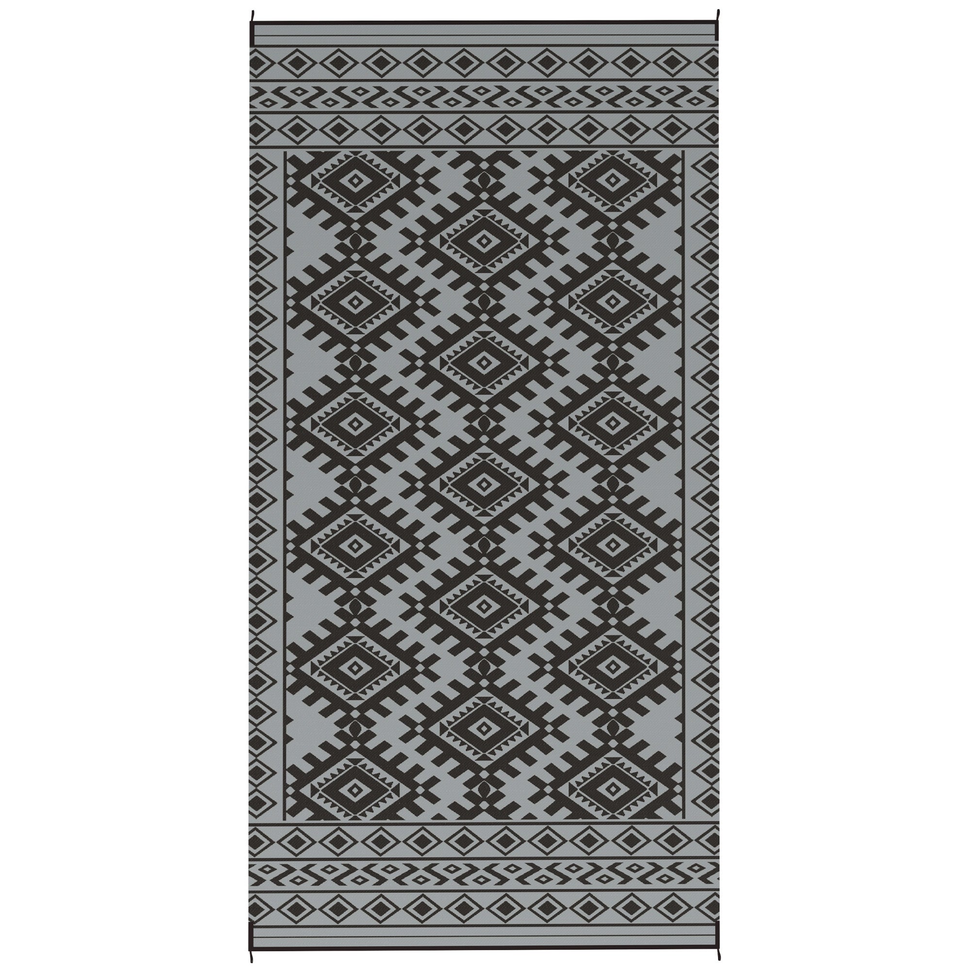 Reversible Outdoor Rug, Waterproof Plastic Straw with Carry Bag, 9' x 18', Black & Gray Rhombus Border