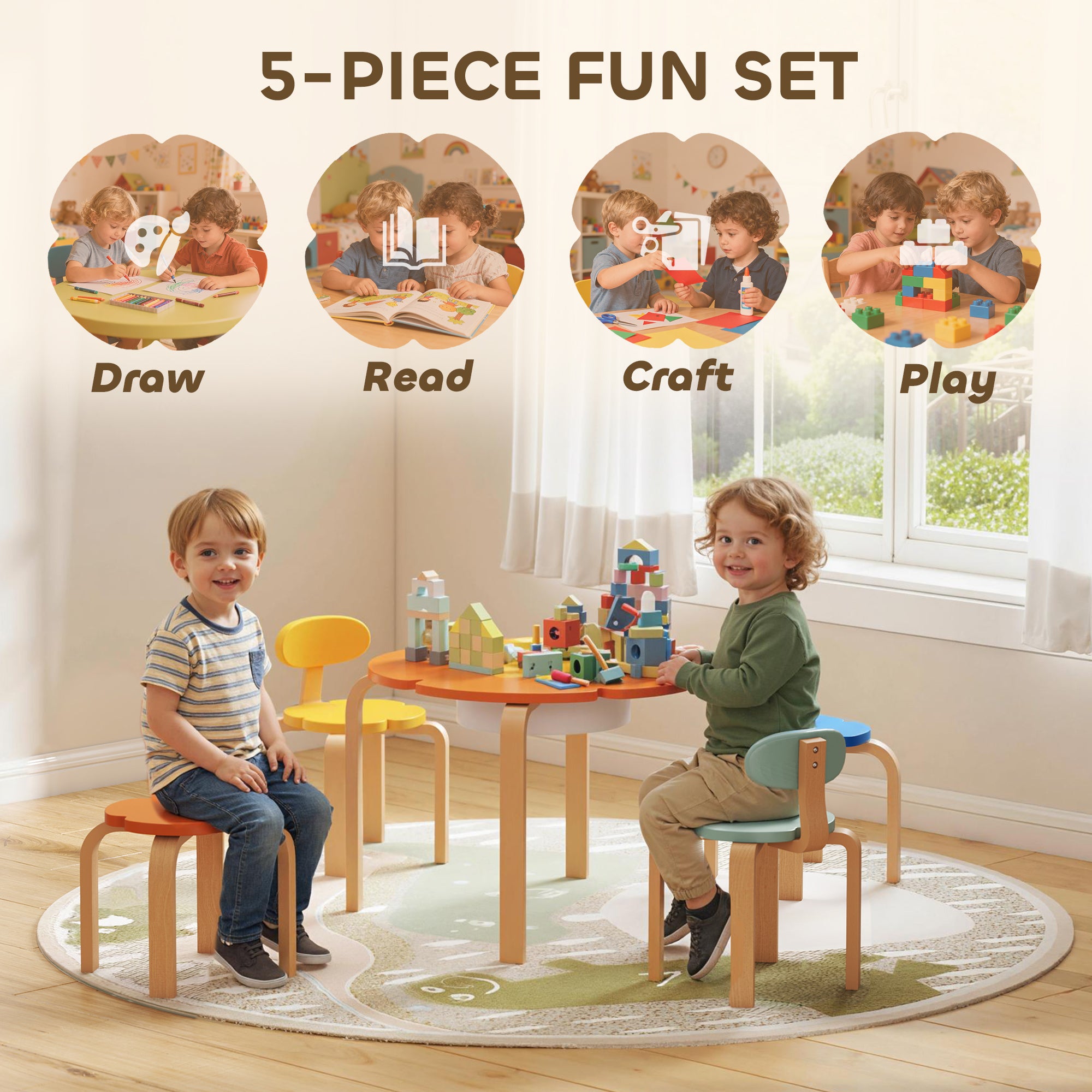 5 Piece Kids Table and Chairs Set, Toddler Table and Chair Set with Built-in Storage, for Nursery, Living Room, Playroom
