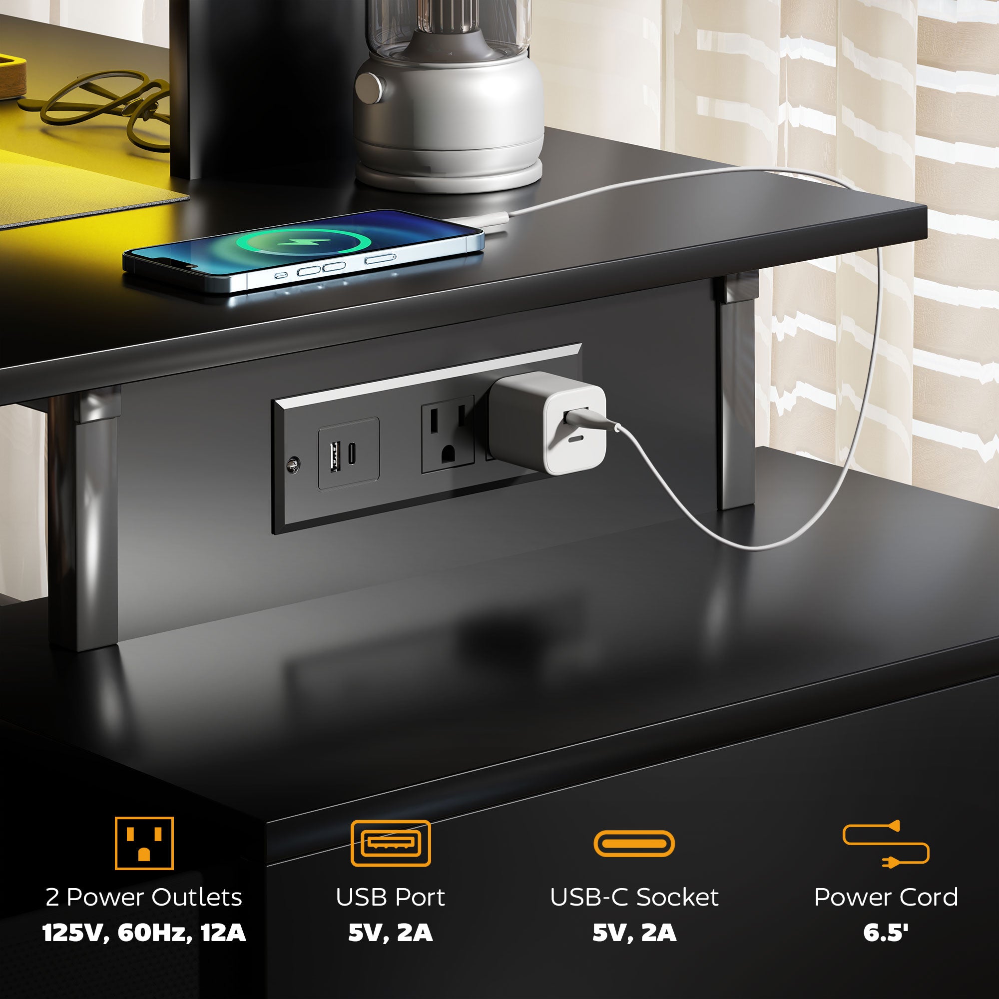 56" Computer Desk with Storage, Computer Table with Power Outlets and LED Lights, Black