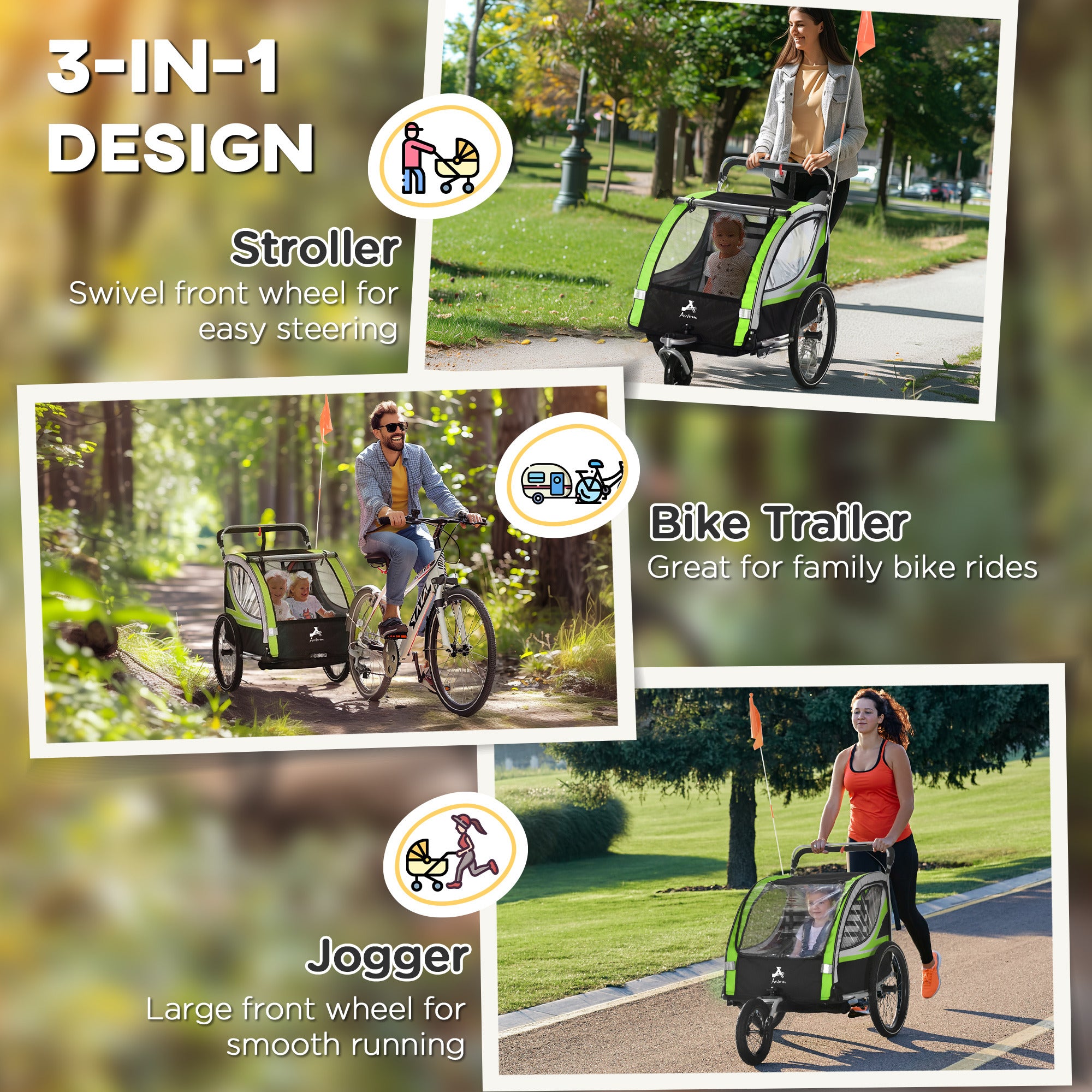 3-in-1 Bike Trailer for Kids, Running Stroller with 2 Seats, Jogging Cart with 5-Point Harness, Storage Units, Green