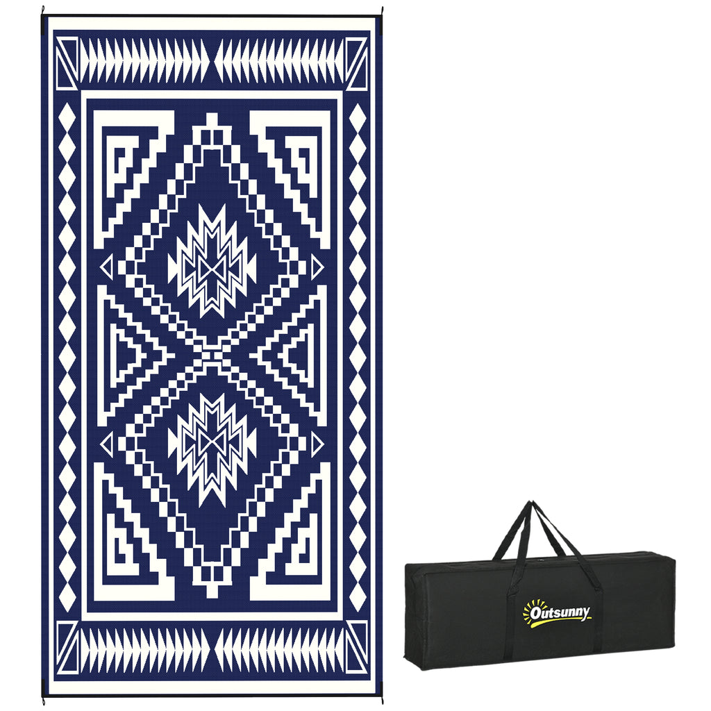 Reversible Outdoor Rug, Waterproof Plastic Straw with Carry Bag, 9' x 18', Blue & White Square Patchwork