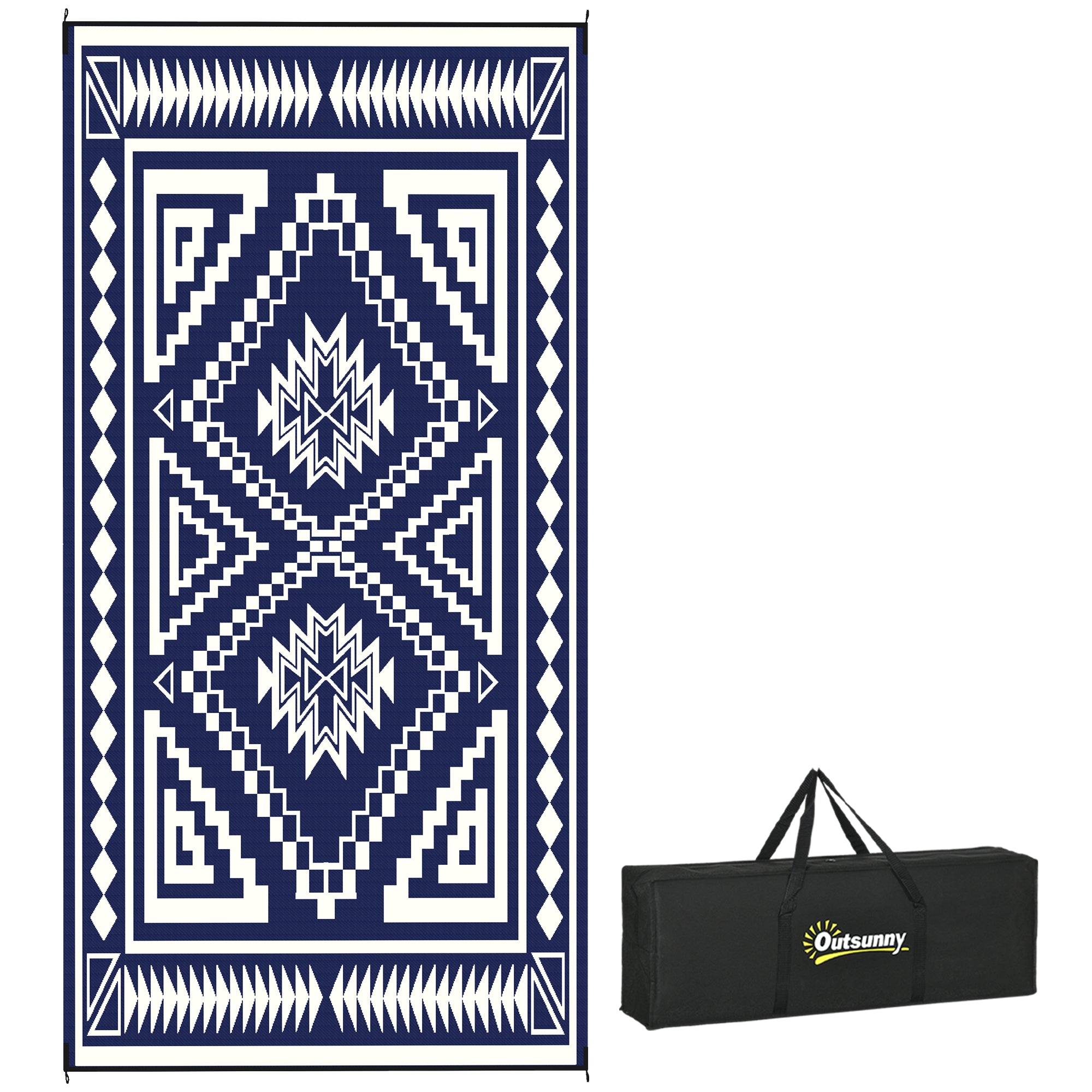 Reversible Outdoor Rug, Waterproof Plastic Straw with Carry Bag, 9' x 18', Blue & White Square Patchwork
