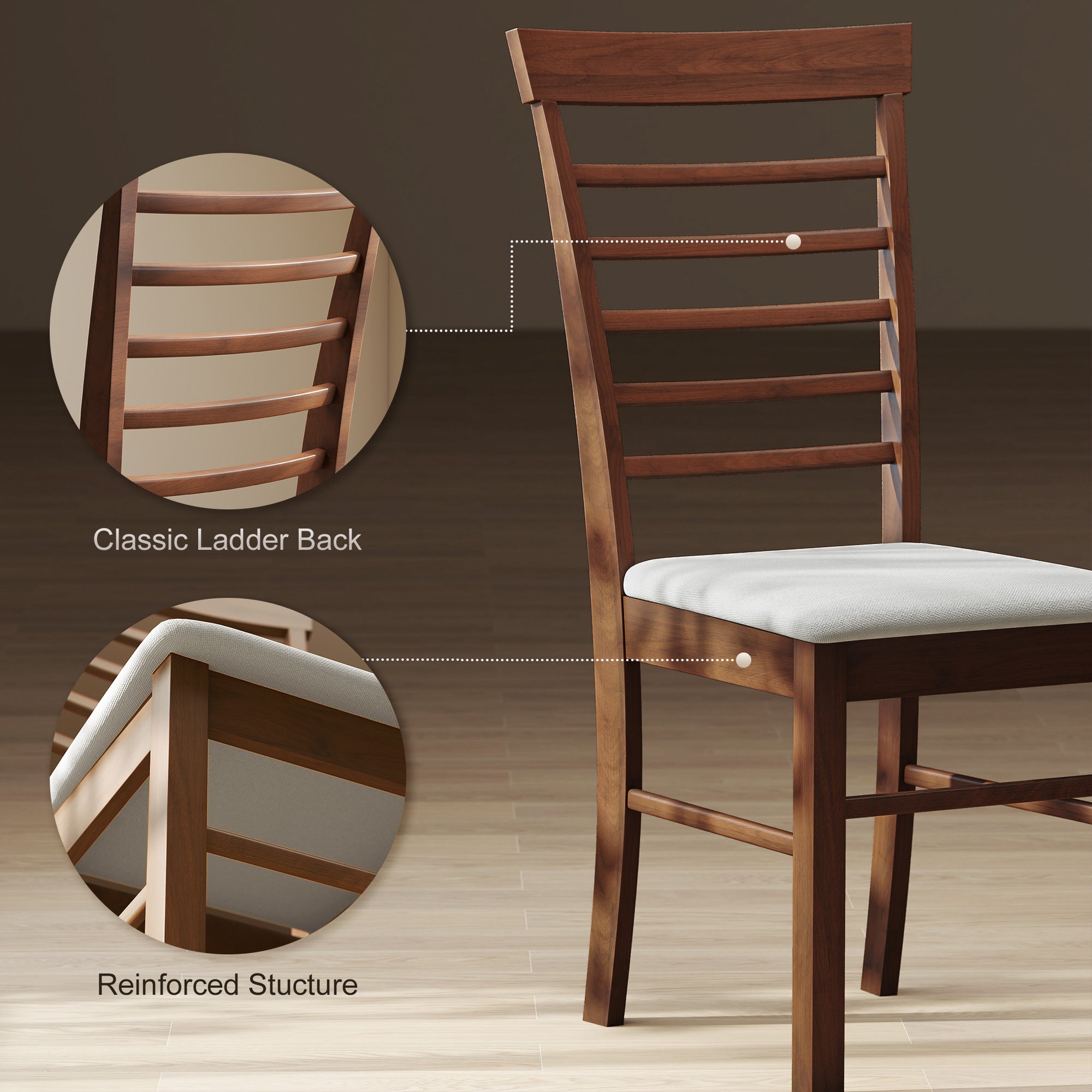 Wooden Dining Chairs Set of 2, Farmhouse Upholstered Kitchen Chairs with Rubber Wood Frame, Dark Brown and Beige