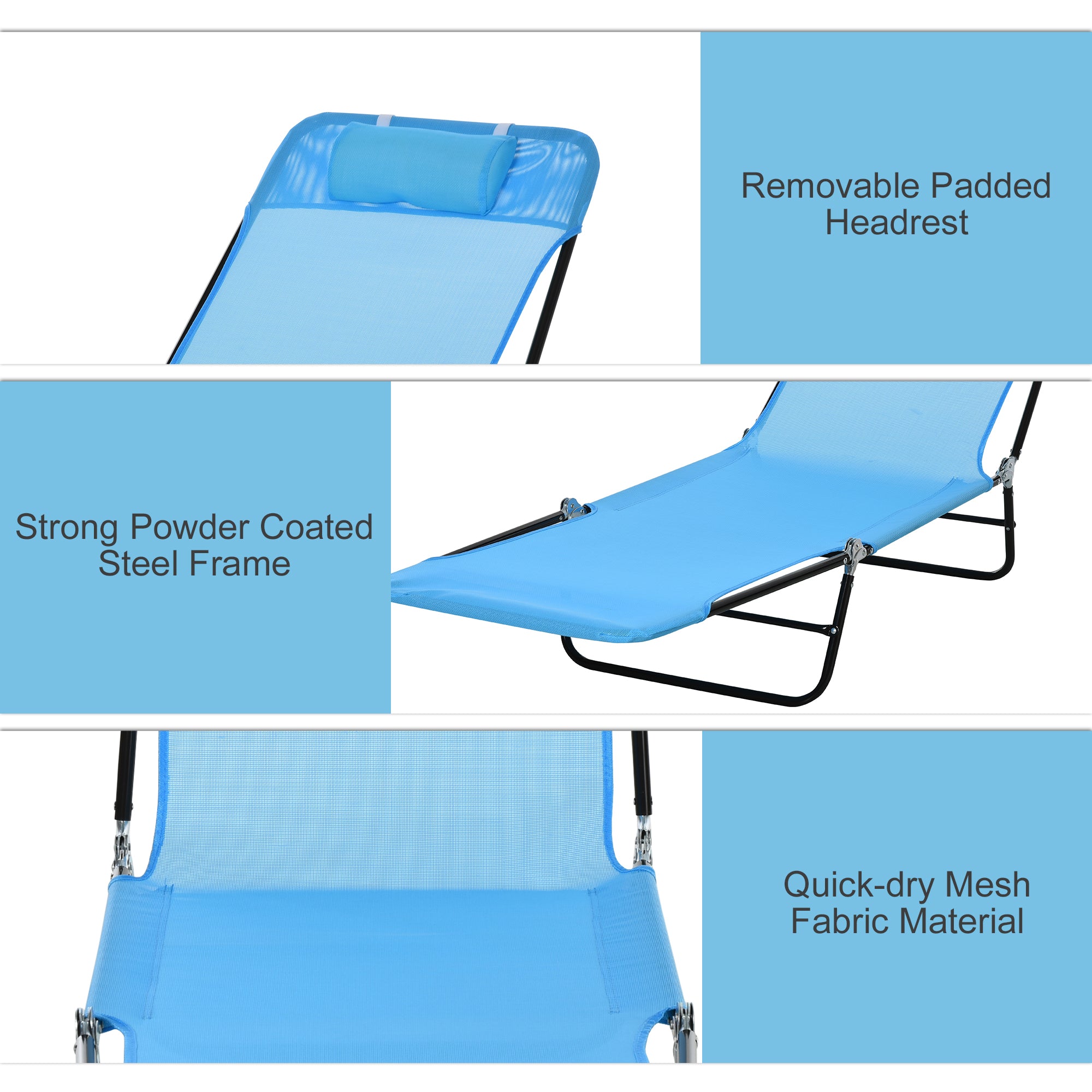 Folding Chaise Lounge Chair, Pool Sun Tanning Chair, Outdoor Lounge Chair with Reclining Back, Breathable Mesh Seat, Headrest for Beach, Yard, Patio, Blue