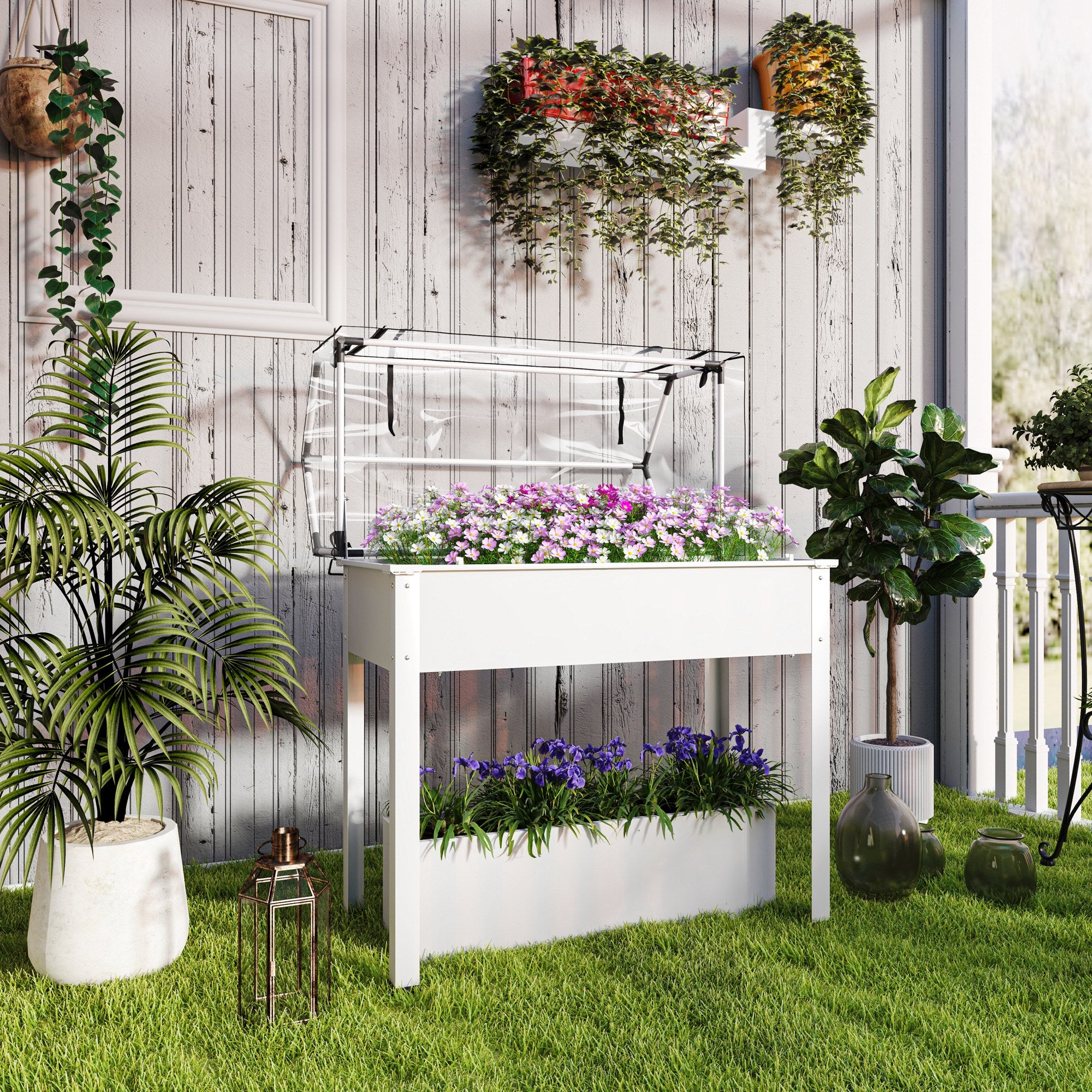 Elevated Garden Box with Greenhouse Cover, Raised Garden Bed with Legs and Drainage Hole for Vegetables, White