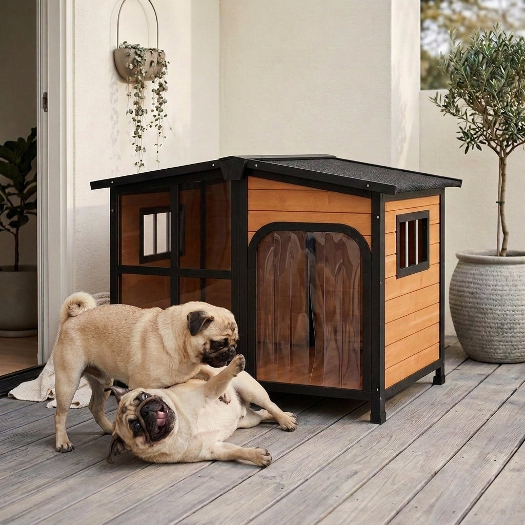 Cabin-Style Wooden Dog House for Large Dogs with Openable Roof & Giant Window, Yellow