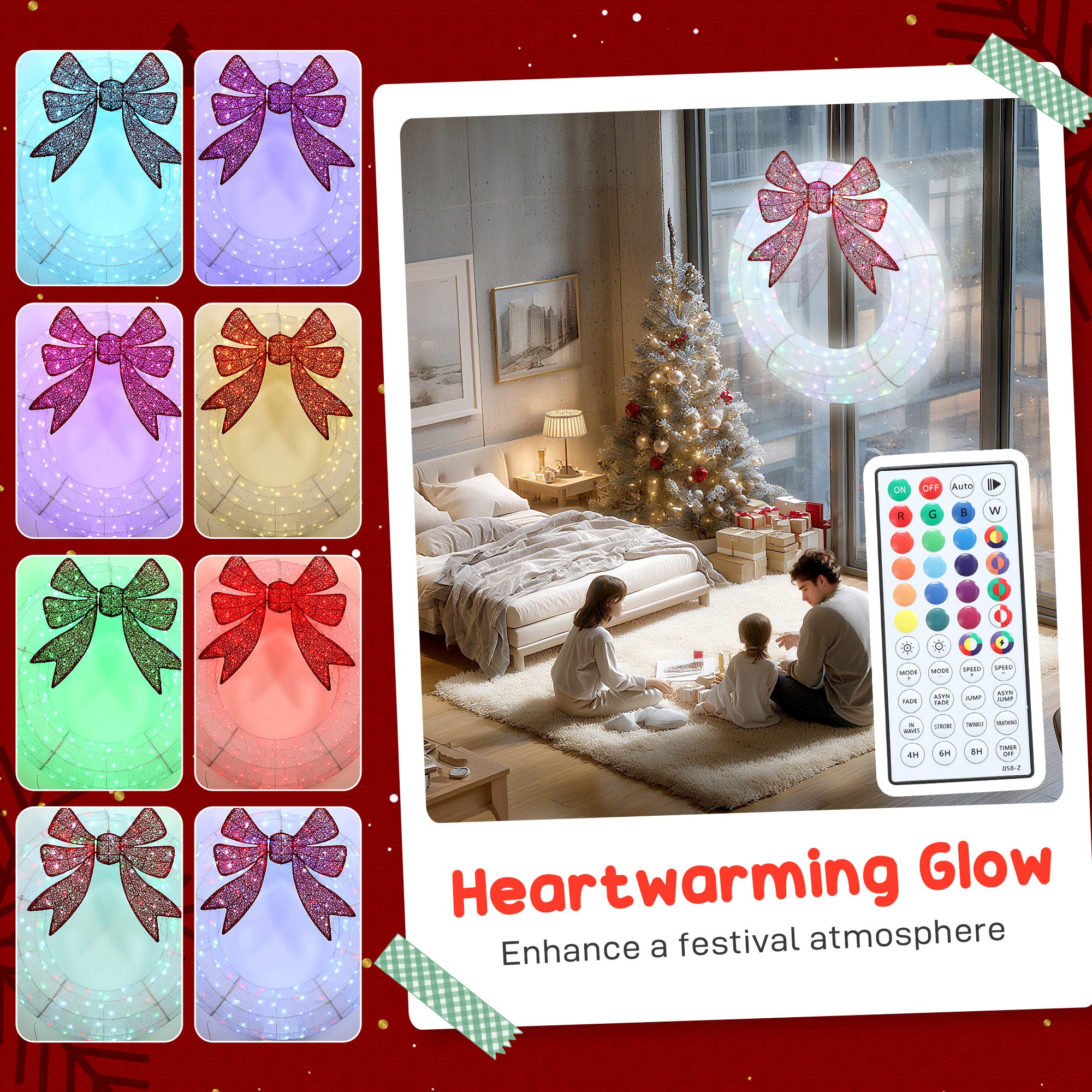60 Inch Lighted Wreath Decoration with Dual Color LED, Christmas Wreath with Daily Timer, Remote for Indoor Outdoor