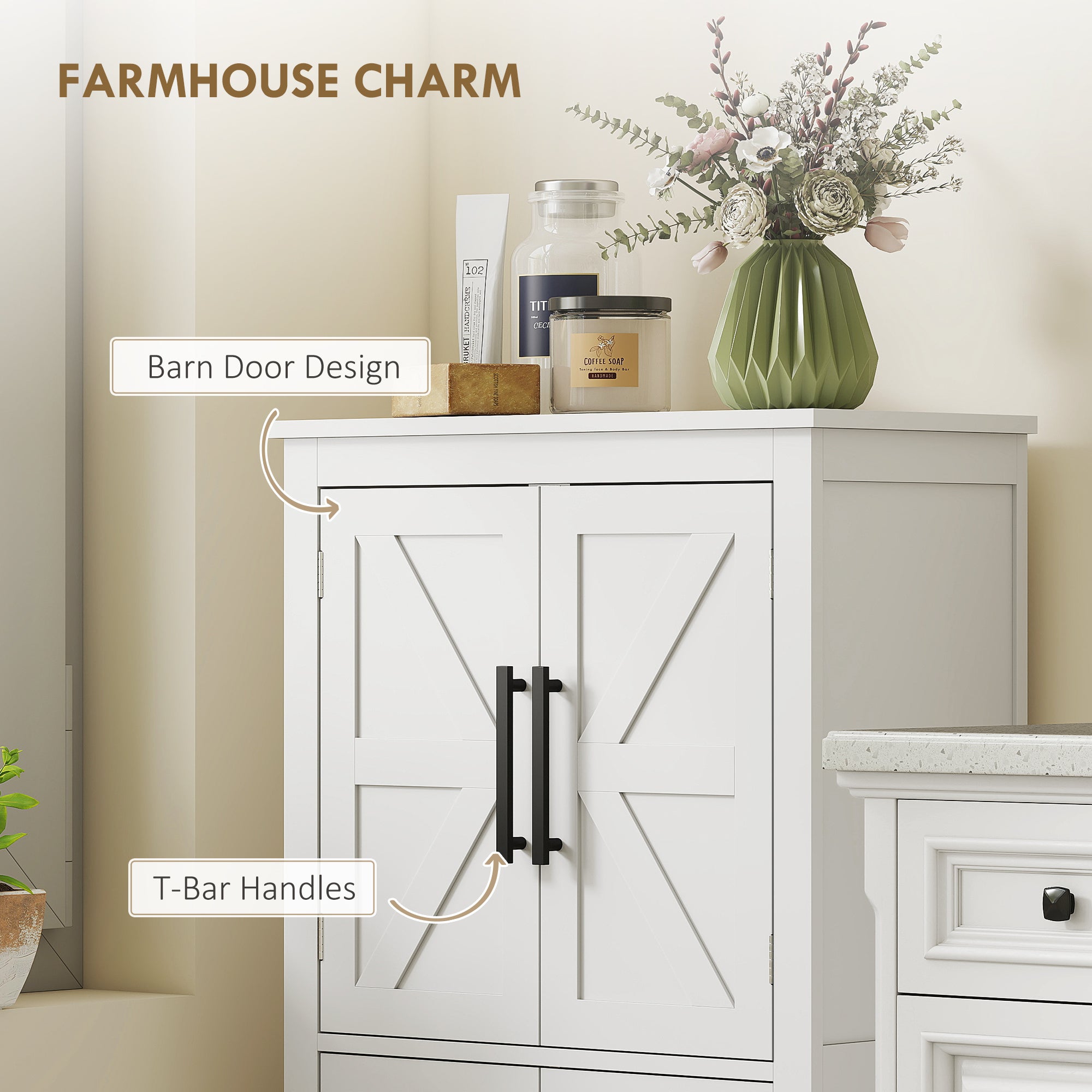 Bathroom Floor Storage Cabinet, Farmhouse Bathroom Cabinet with 4 Doors and Adjustable Shelf, White