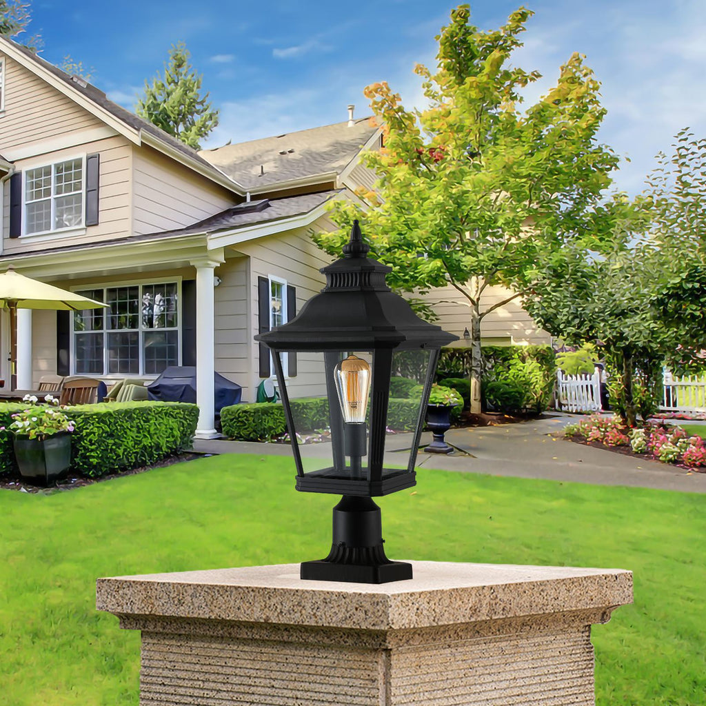 Outdoor Post Lantern Light with Pathway Lighting, Vintage Metal, Clear Glass Pillar Lamp for Garden, Gate, Driveway, 11" L x 11" W x 21" H, Black